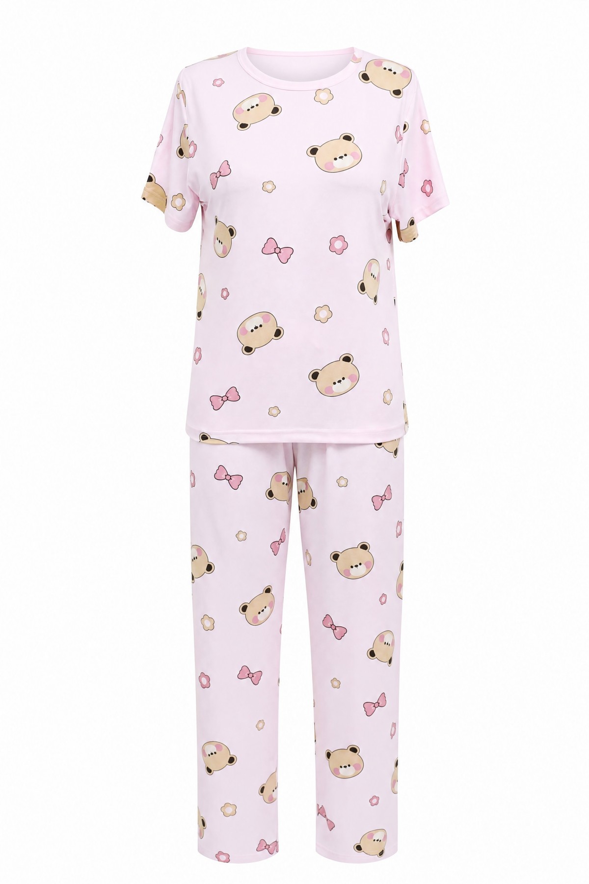 Karışık Figür Desenli Bisiklet Yaka Kısa Kol Penye Pijama Takımı -Pudra