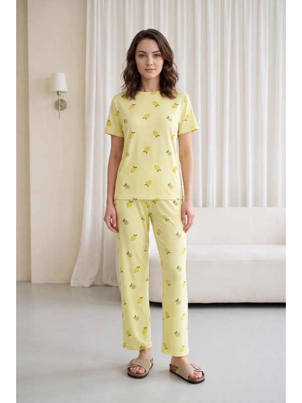 Limon Desenli Bisiklet Yaka Kısa Kol Penye Pijama Takımı -Sarı