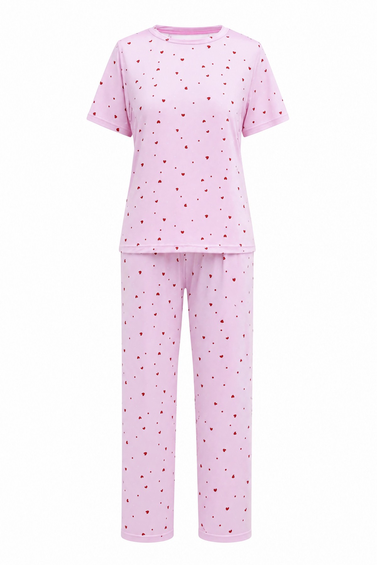 Heart Patterned Crew Neck Short Sleeve Cotton Pajama Set -Pink