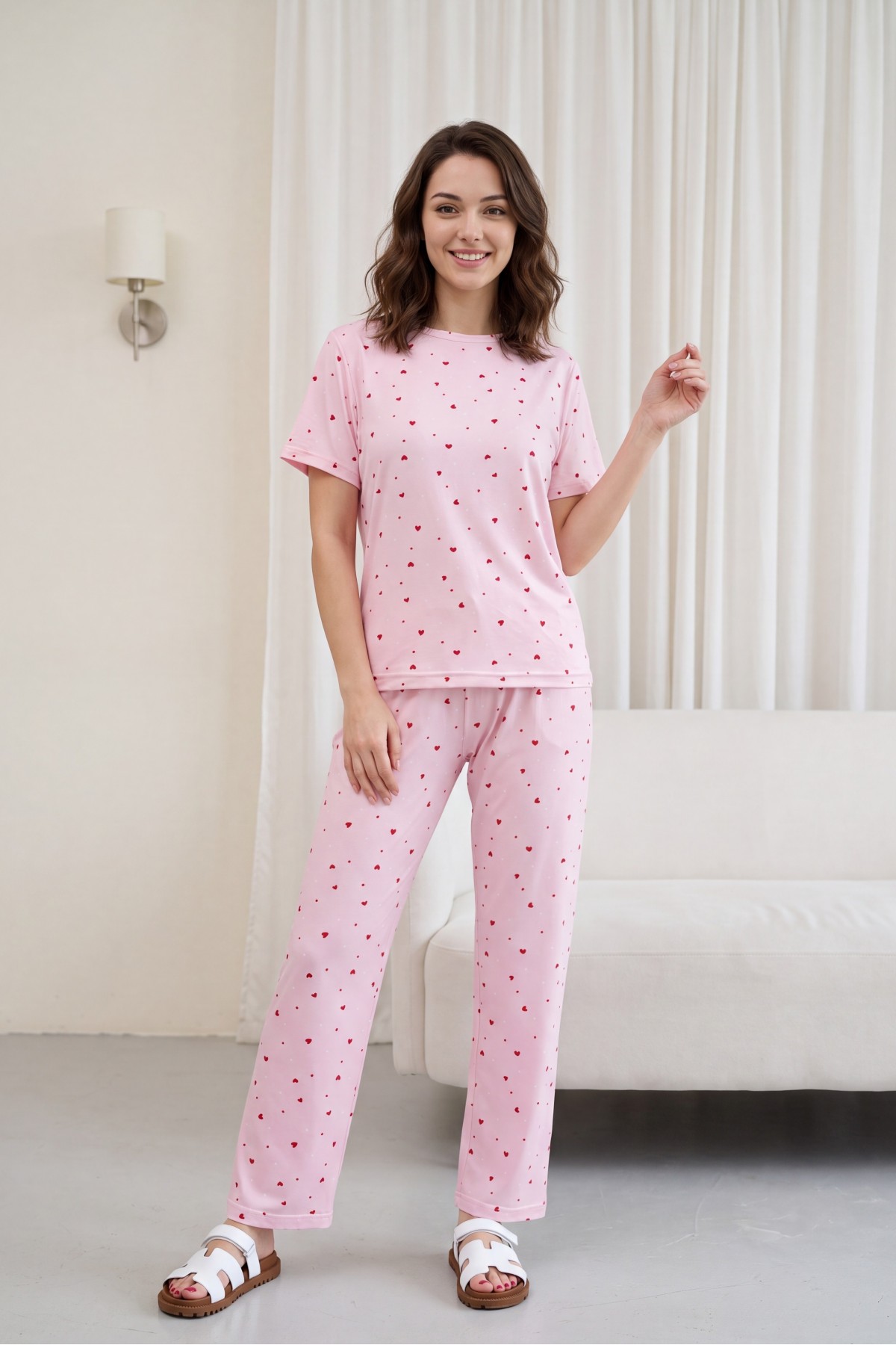 Heart Patterned Crew Neck Short Sleeve Cotton Pajama Set -Pink