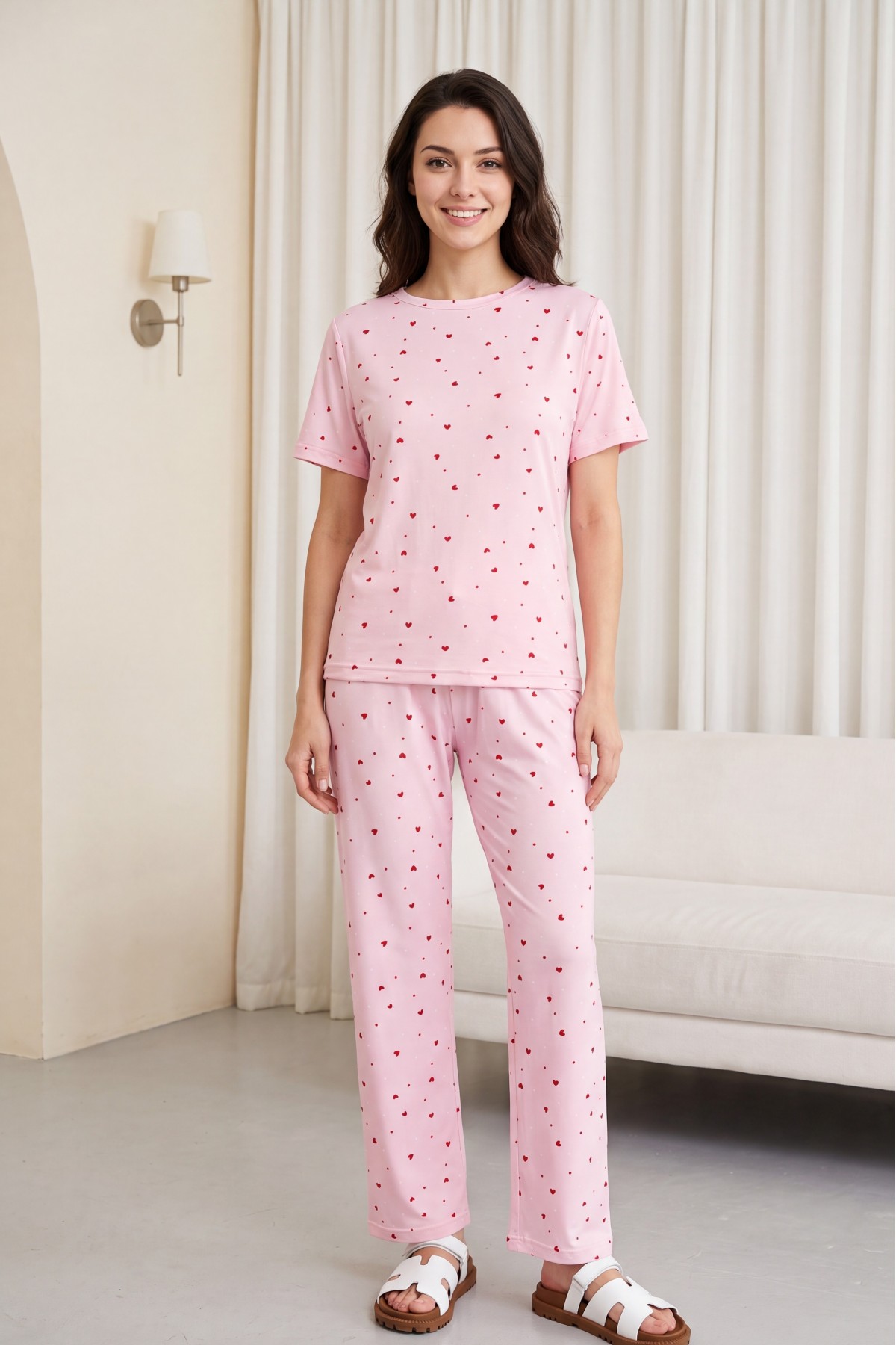 Heart Patterned Crew Neck Short Sleeve Cotton Pajama Set -Pink