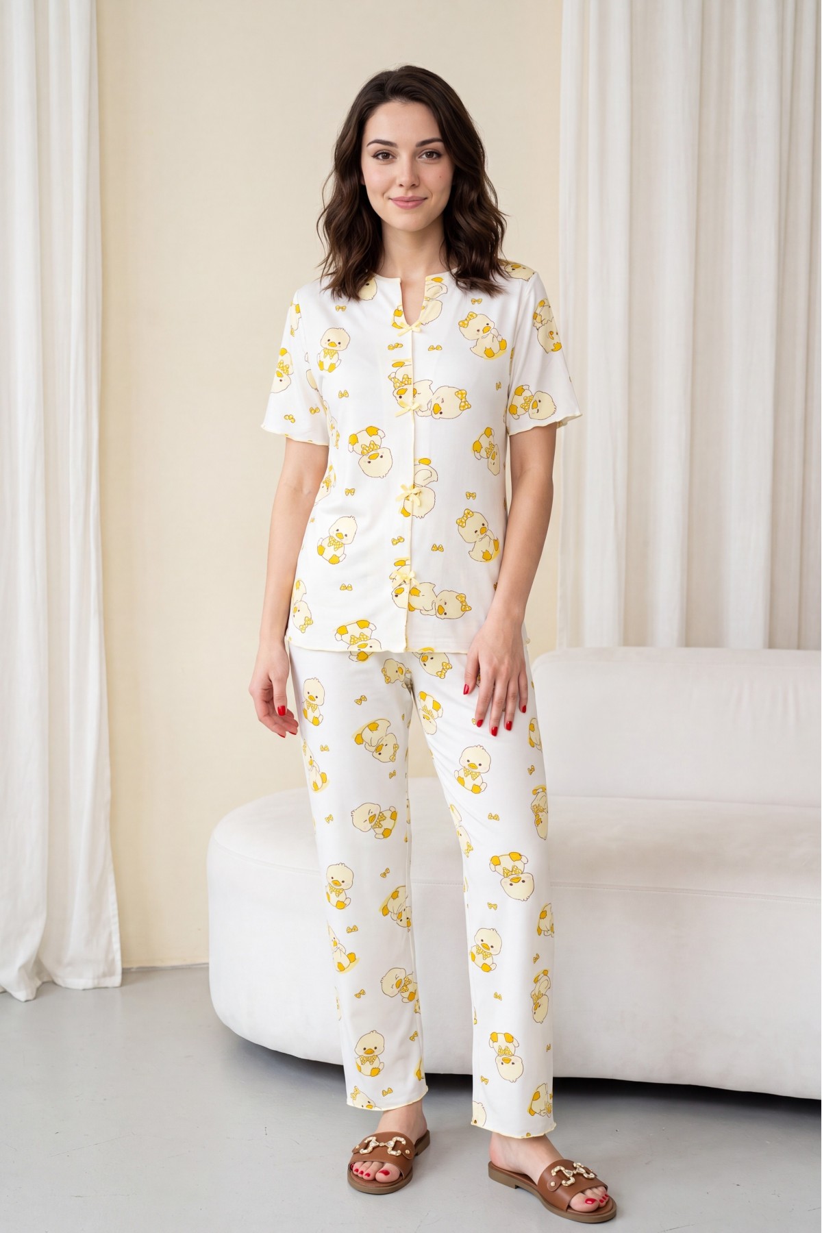 Mixed Pattern V-Neck Short-Sleeve Cotton Pajama Set with Bow Detail at Front -Ecru