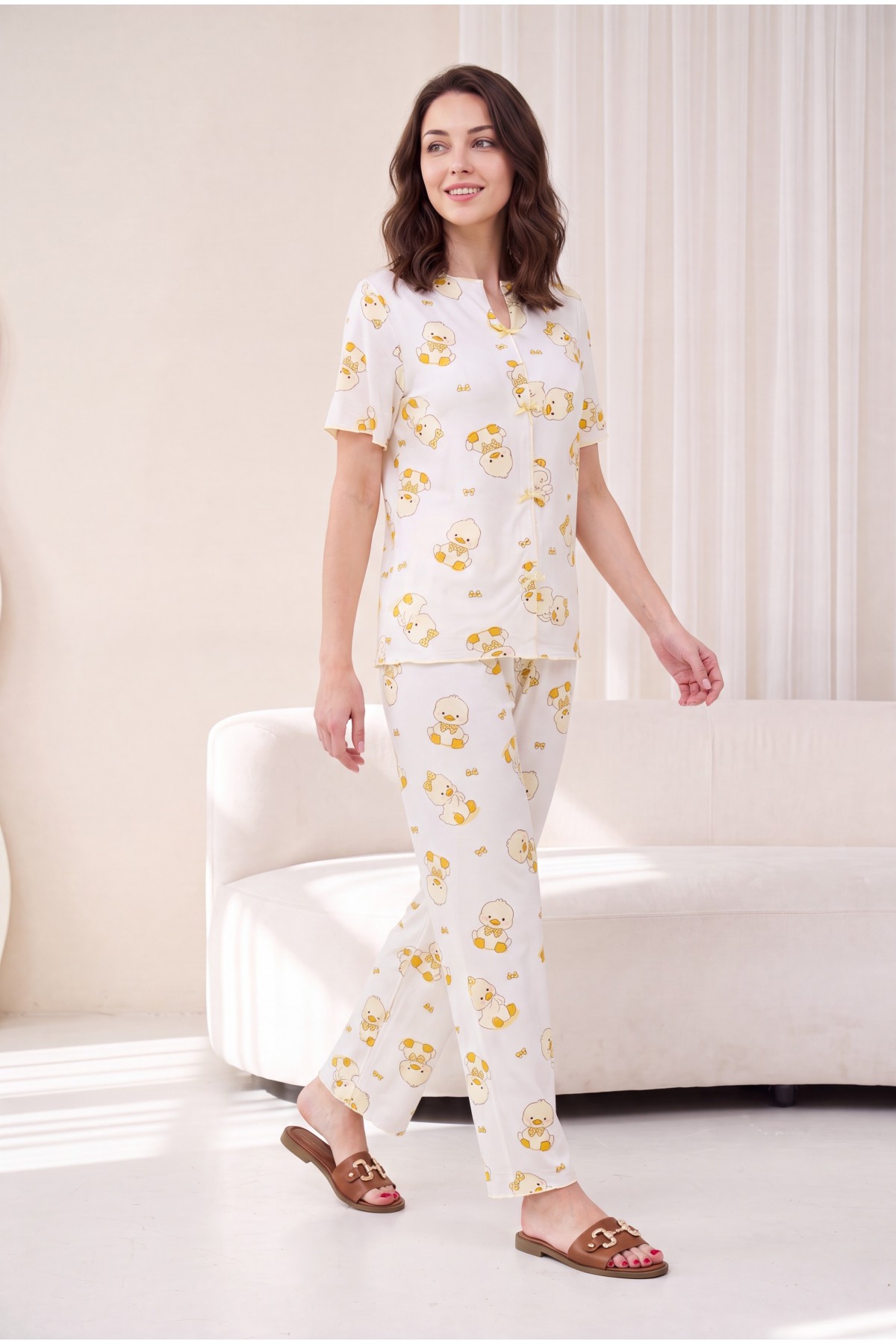 Mixed Pattern V-Neck Short-Sleeve Cotton Pajama Set with Bow Detail at Front -Ecru