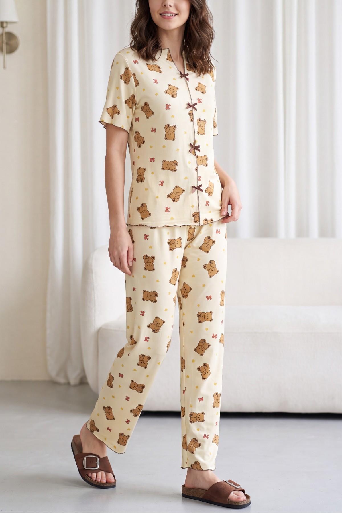 Mixed Pattern V-Neck Short-Sleeve Cotton Pajama Set with Bow Detail at Front -Salmon