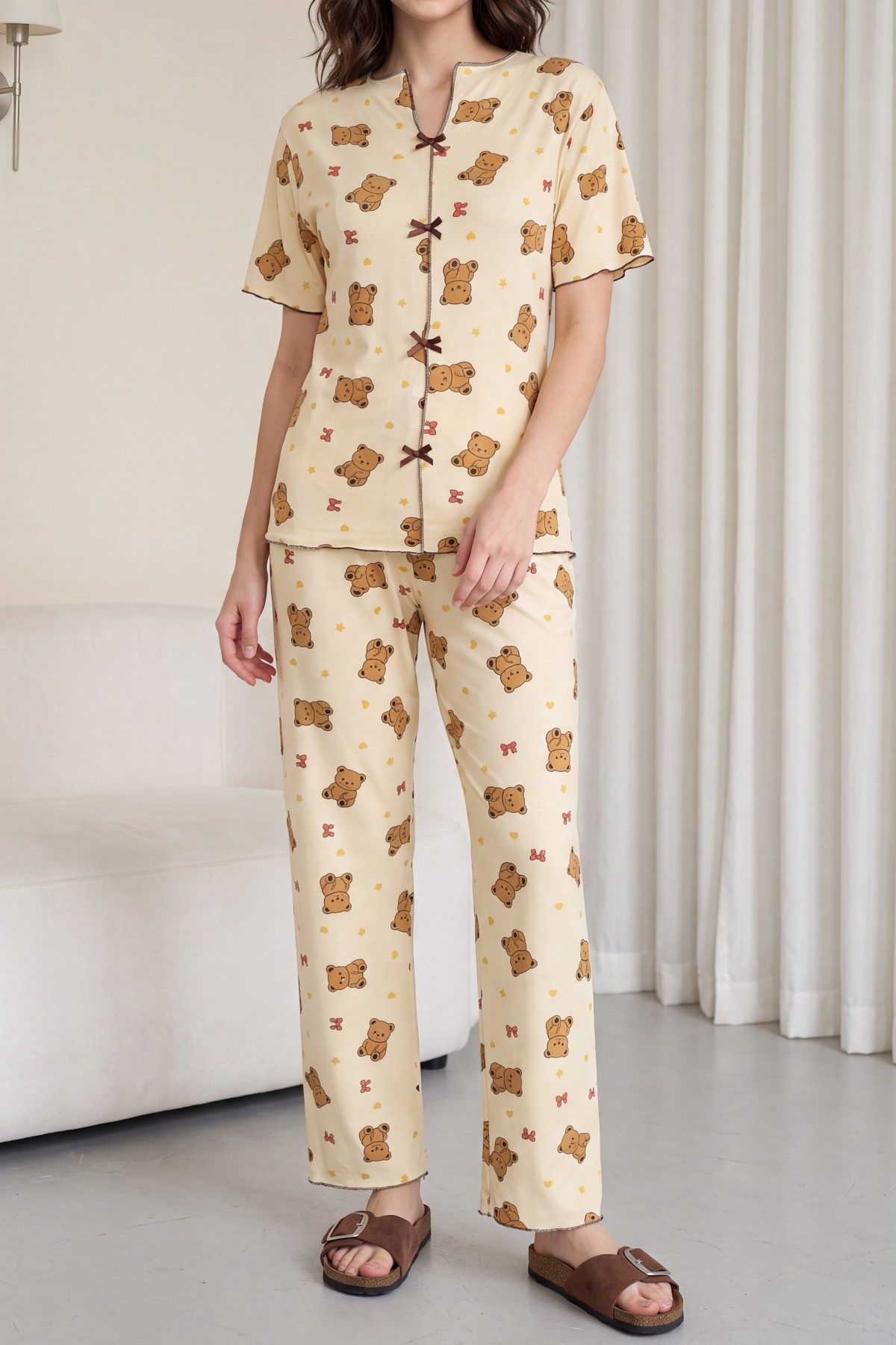 Mixed Pattern V-Neck Short-Sleeve Cotton Pajama Set with Bow Detail at Front -Salmon