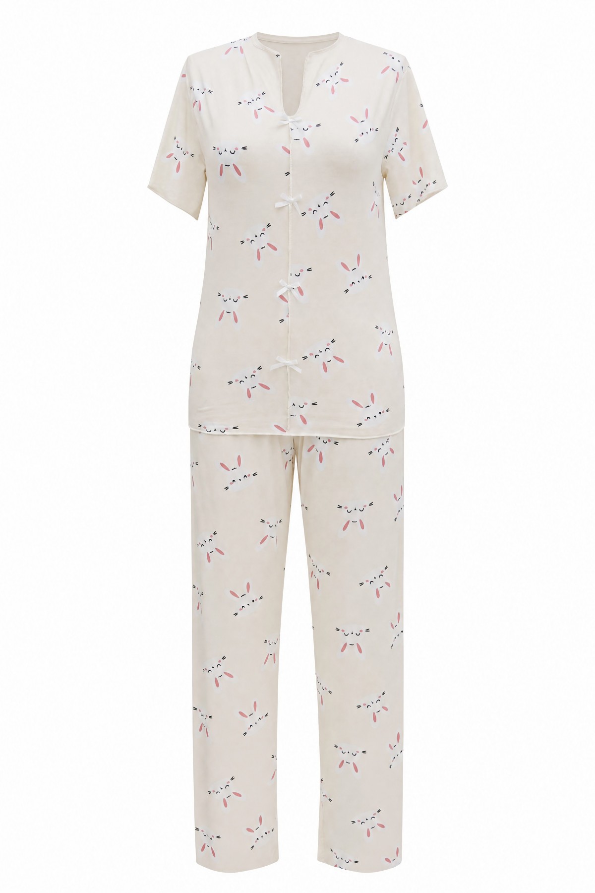 Mixed Pattern V-Neck Short-Sleeve Cotton Pajama Set with Bow Detail at Front -Cream color