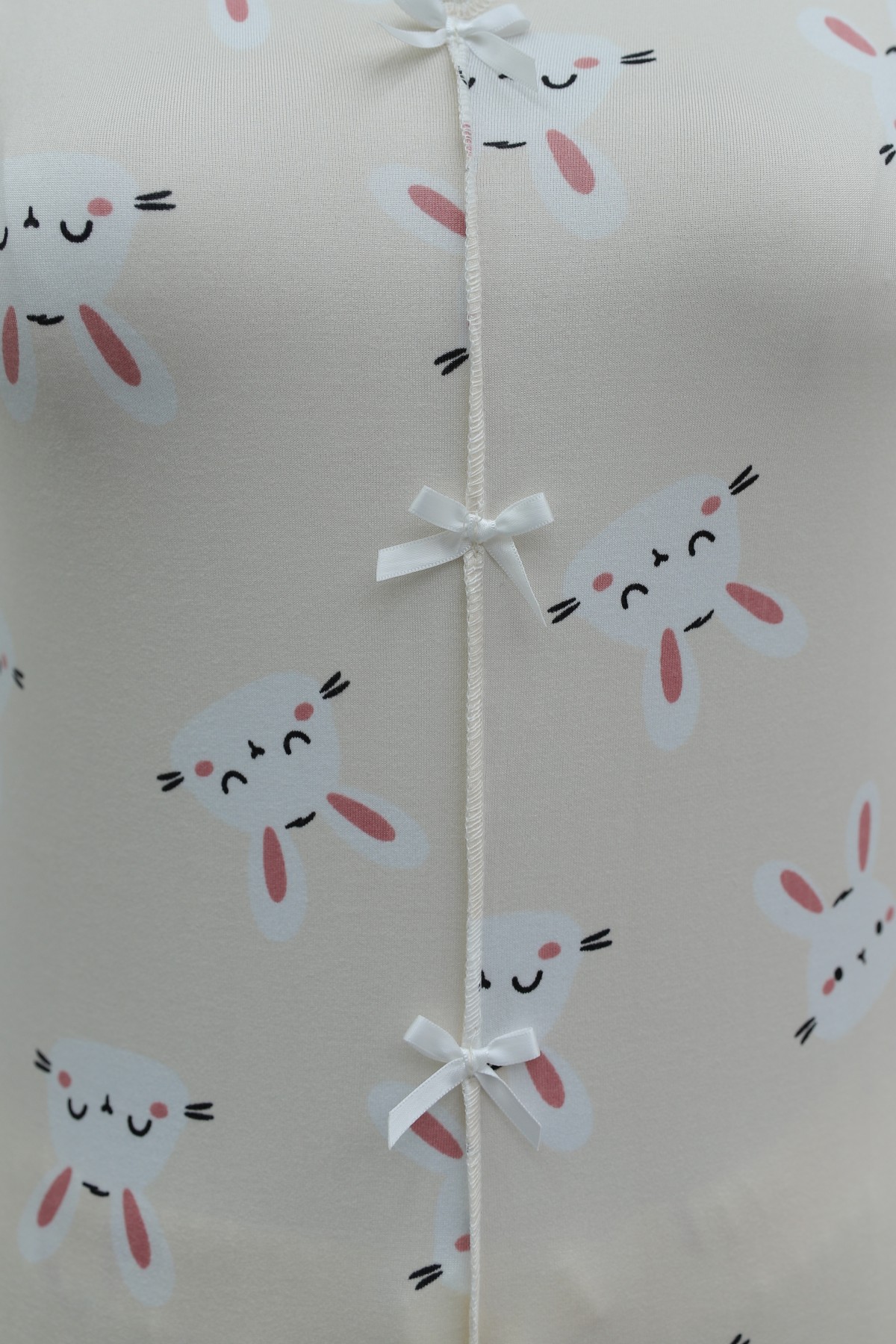 Mixed Pattern V-Neck Short-Sleeve Cotton Pajama Set with Bow Detail at Front -Cream color