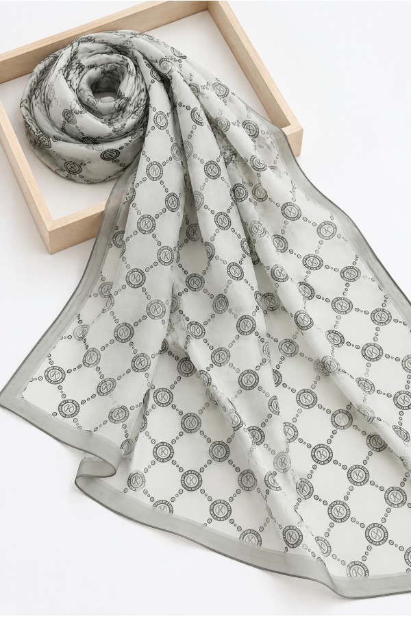 Soft Scarf with Geometric and Letter Patterns -Cream color