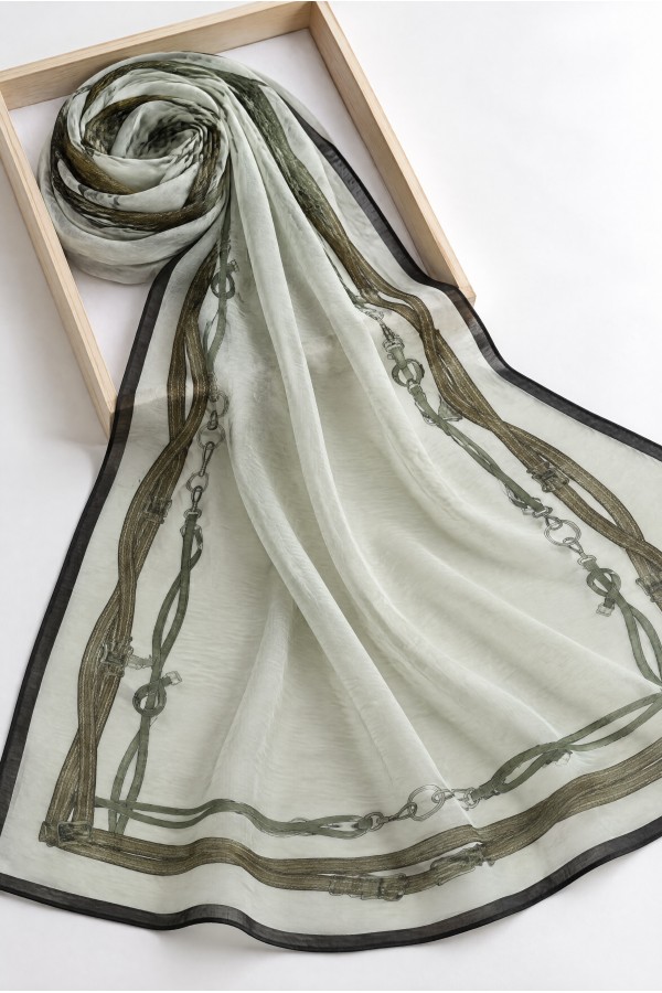 Belt Patterned Silk Scarf -Ecru