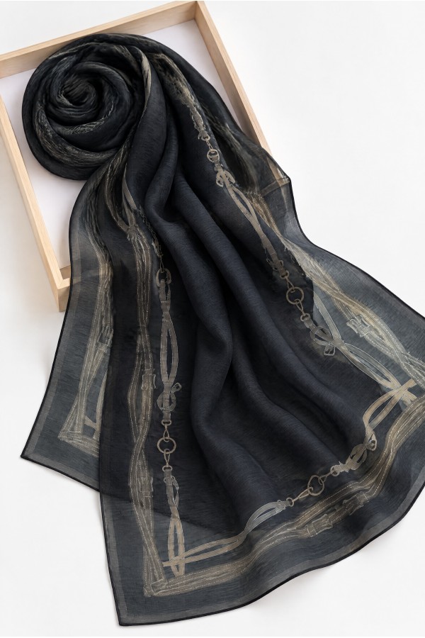 Belt Patterned Silk Scarf -dark lacquer