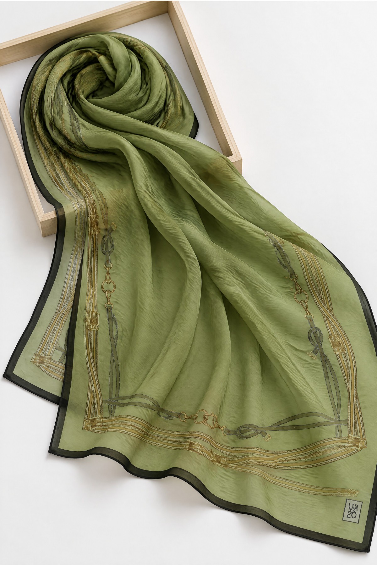 Belt Patterned Silk Scarf -Oil Green