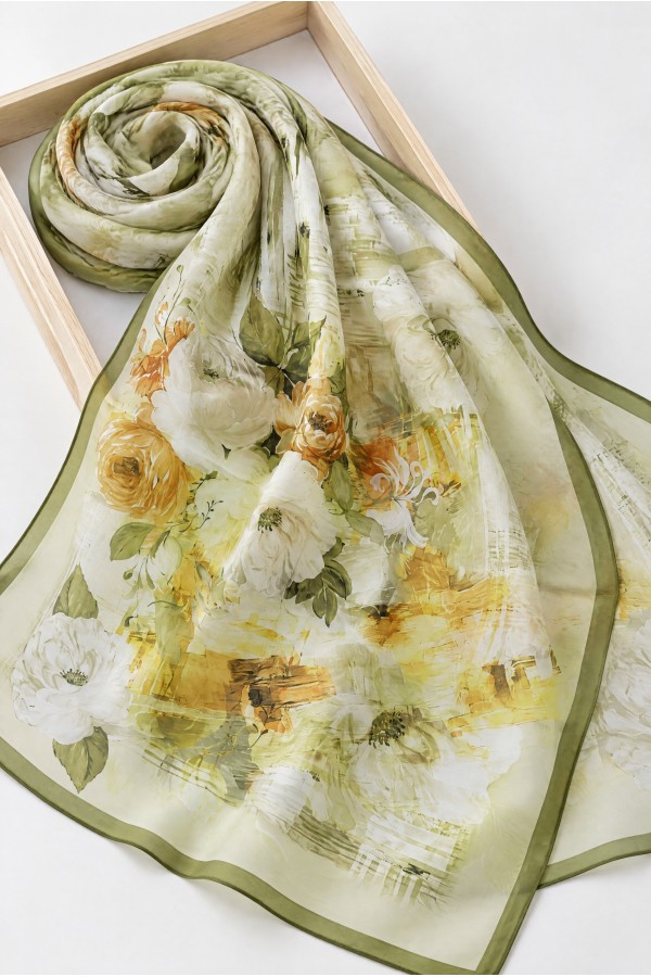 Peony Flower Patterned Soft Scarf -Khaki