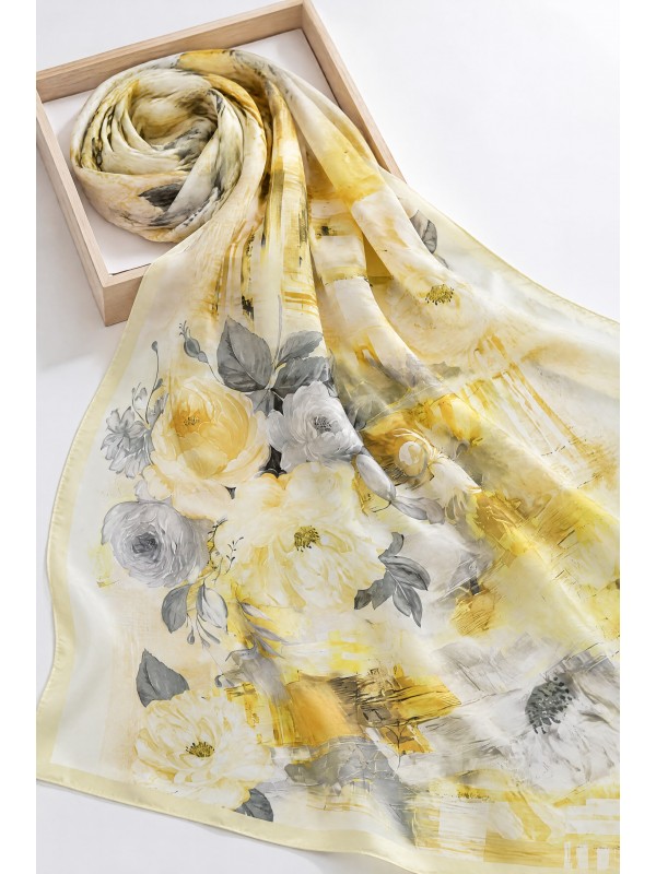 Peony Flower Patterned Soft Scarf -Yellow