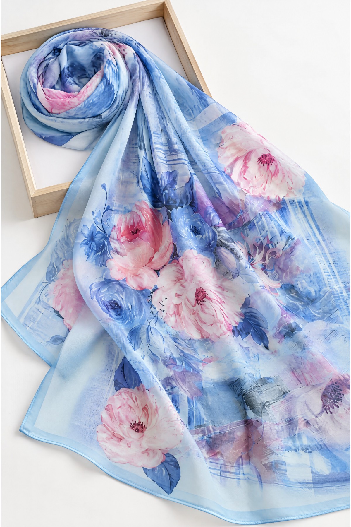 Peony Flower Patterned Soft Scarf -Baby Blue