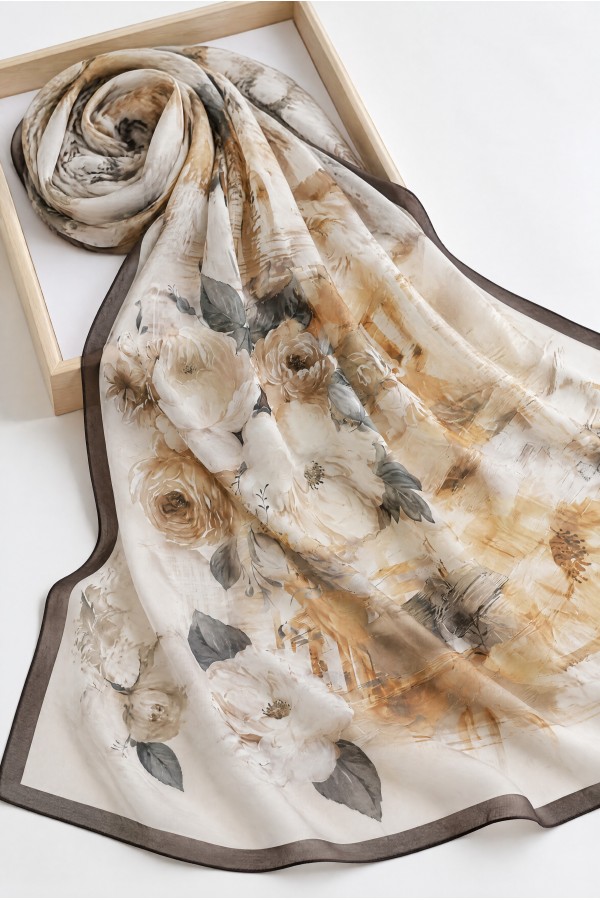 Peony Flower Patterned Soft Scarf -Dark Coffee