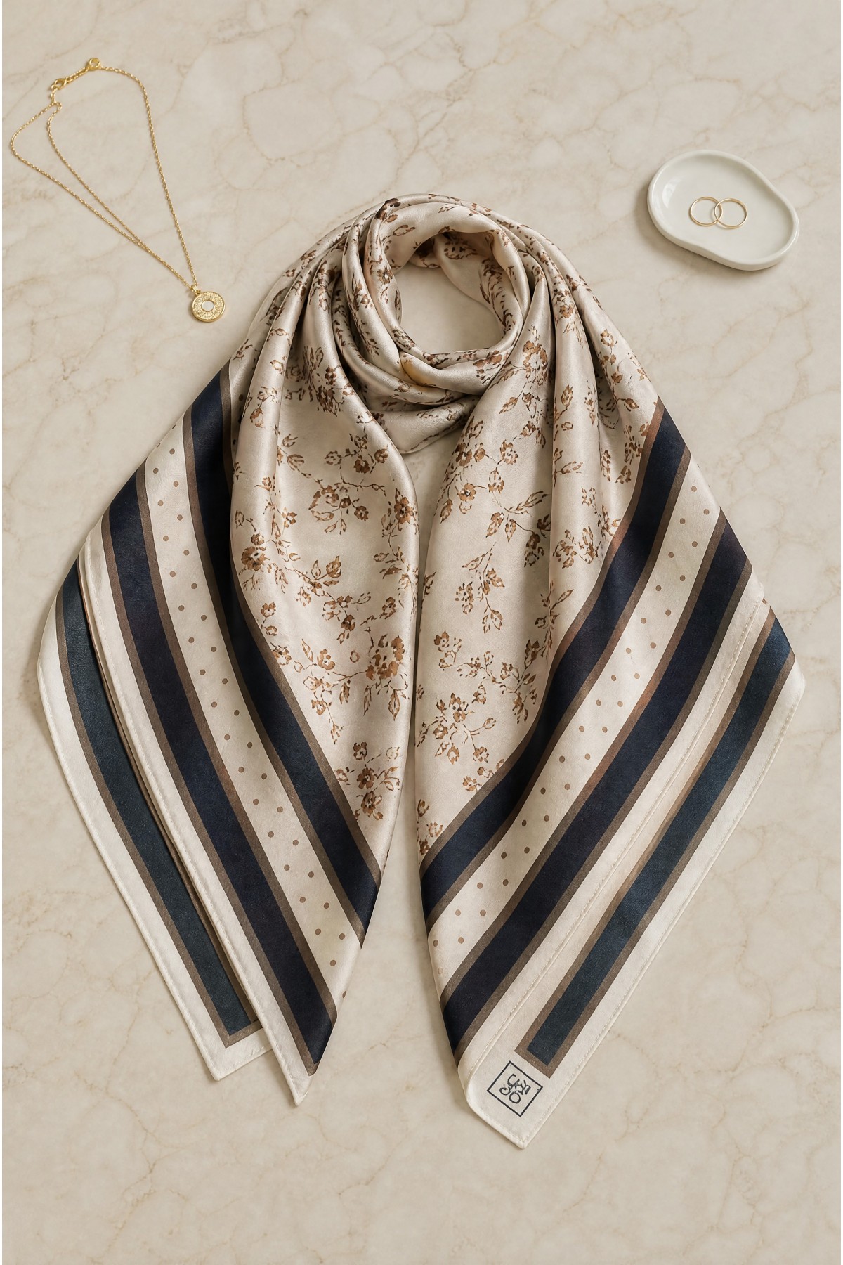 Naida Scarf with Floral and Polka Dot Pattern -Light Mink