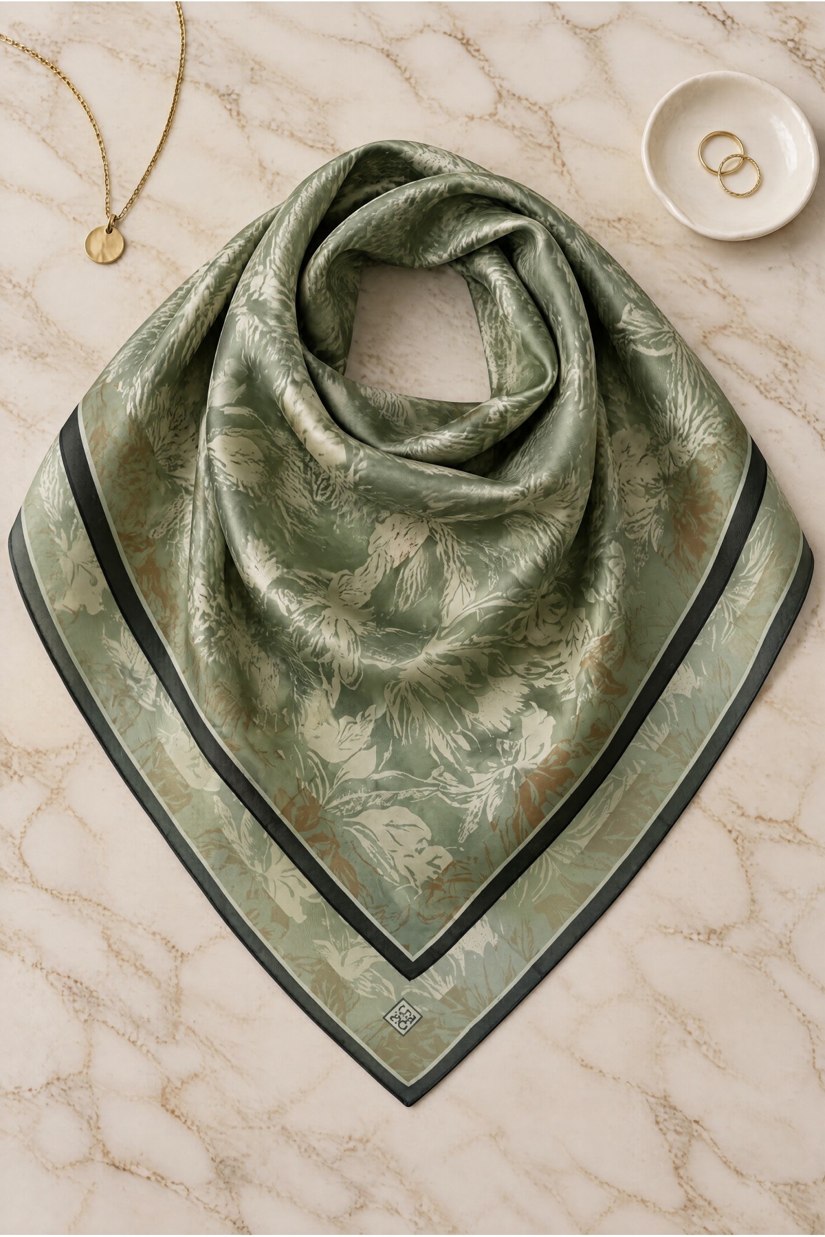 Soft Scarf with Cherry Blossom Pattern -Cagla Green