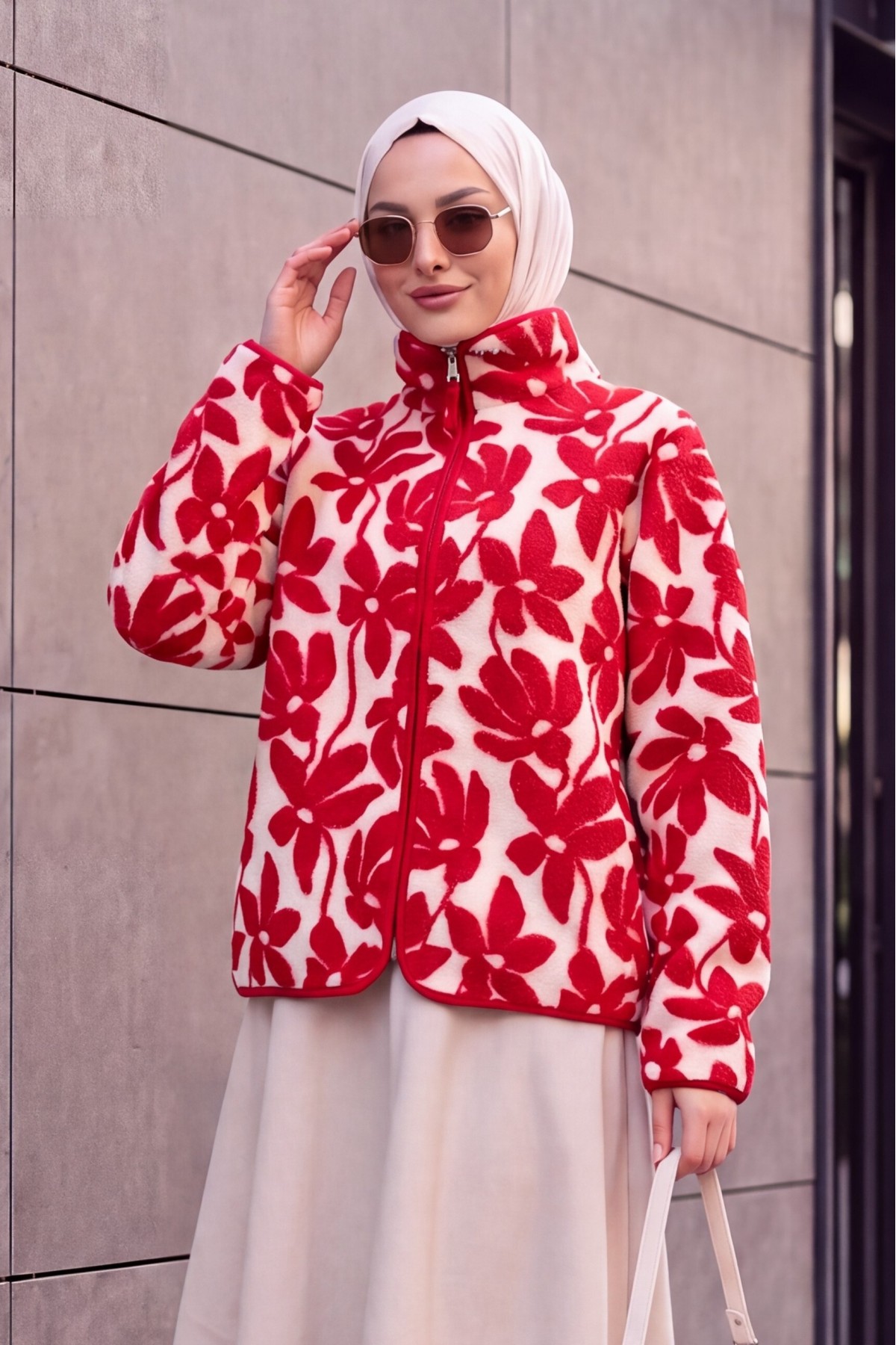 Floral Print Plush Jacket with Zipper and Dual Pockets -Red