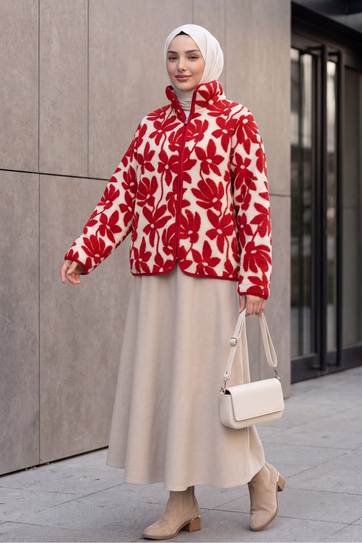 Floral Print Plush Jacket with Zipper and Dual Pockets -Red