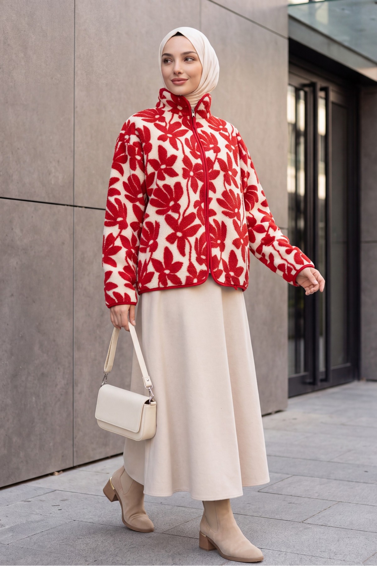 Floral Print Plush Jacket with Zipper and Dual Pockets -Red