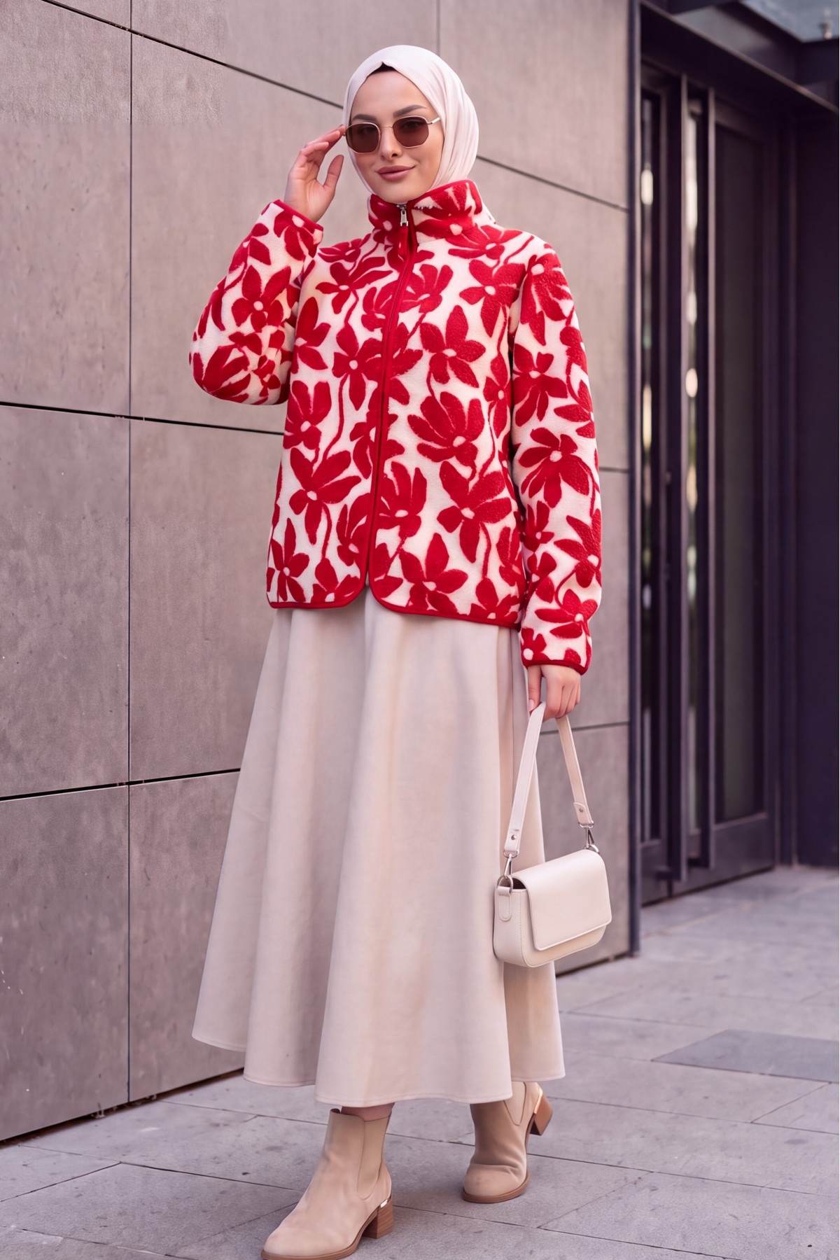 Floral Print Plush Jacket with Zipper and Dual Pockets -Red