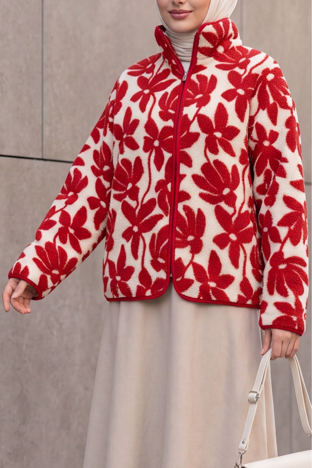 Floral Print Plush Jacket with Zipper and Dual Pockets -Red
