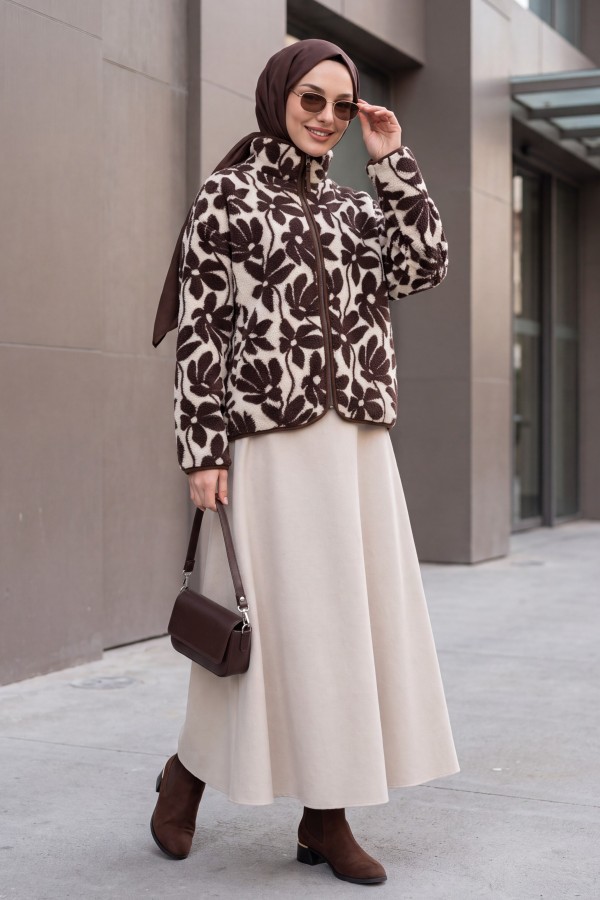 Floral Print Plush Jacket with Zipper and Dual Pockets -Dark Coffee