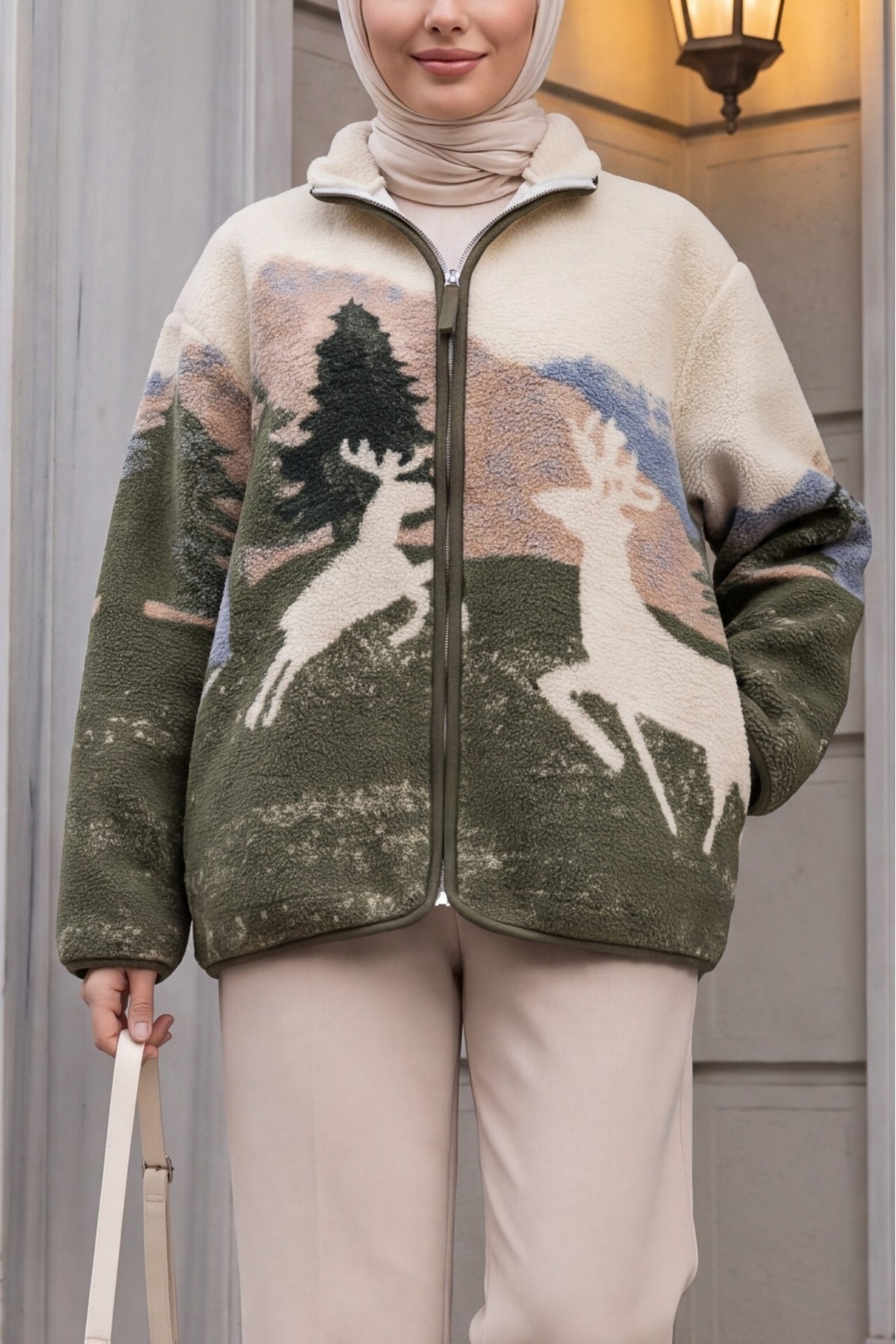 Patterned Plush Jacket with Zipper and Dual Pockets -Khaki