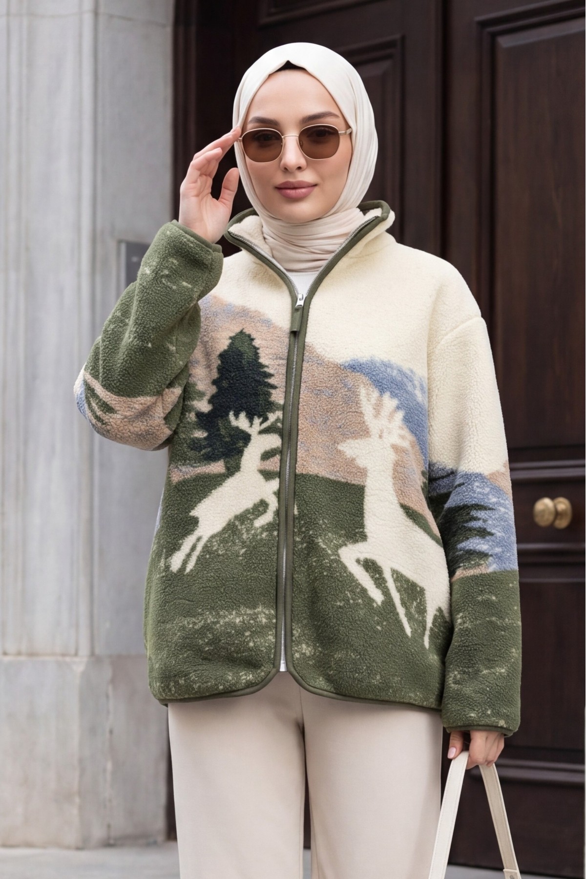 Patterned Plush Jacket with Zipper and Dual Pockets -Khaki