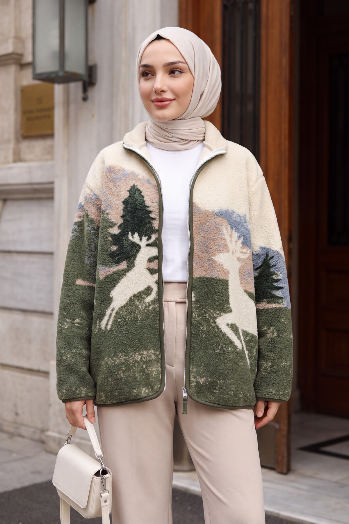 Patterned Plush Jacket with Zipper and Dual Pockets -Khaki