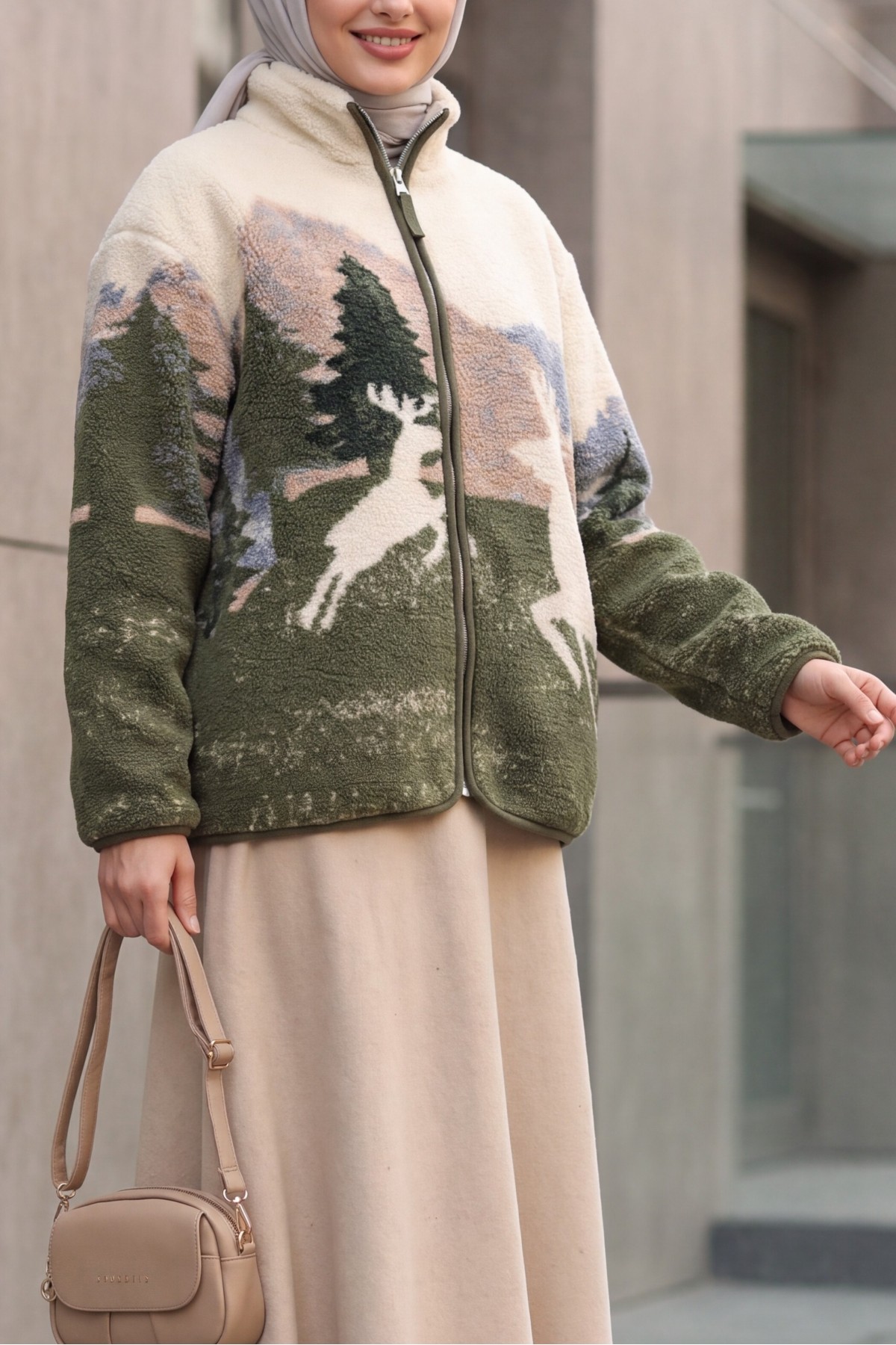 Patterned Plush Jacket with Zipper and Dual Pockets -Khaki