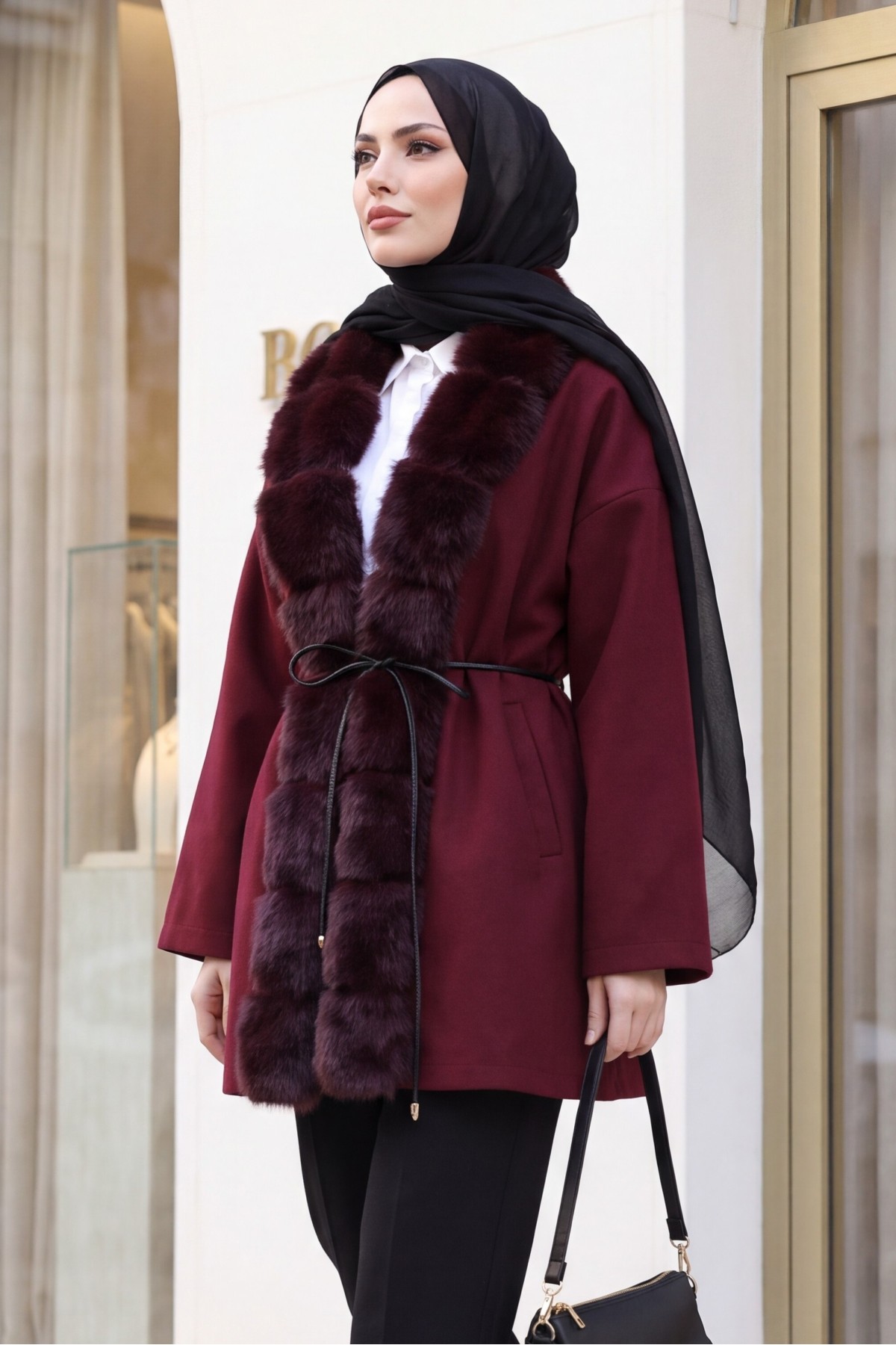 Wool-Blend Coat with Belt, Pockets, and Fur Detail -Maroon