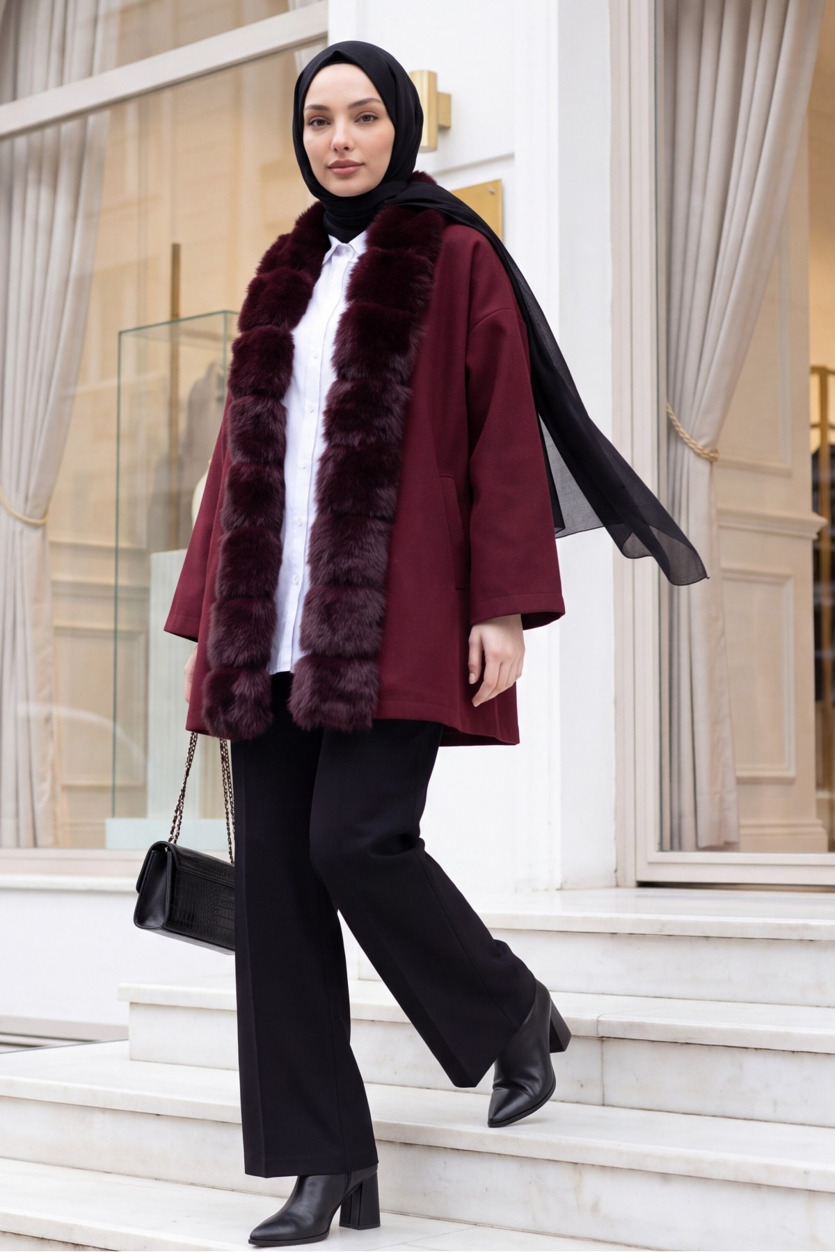 Wool-Blend Coat with Belt, Pockets, and Fur Detail -Maroon