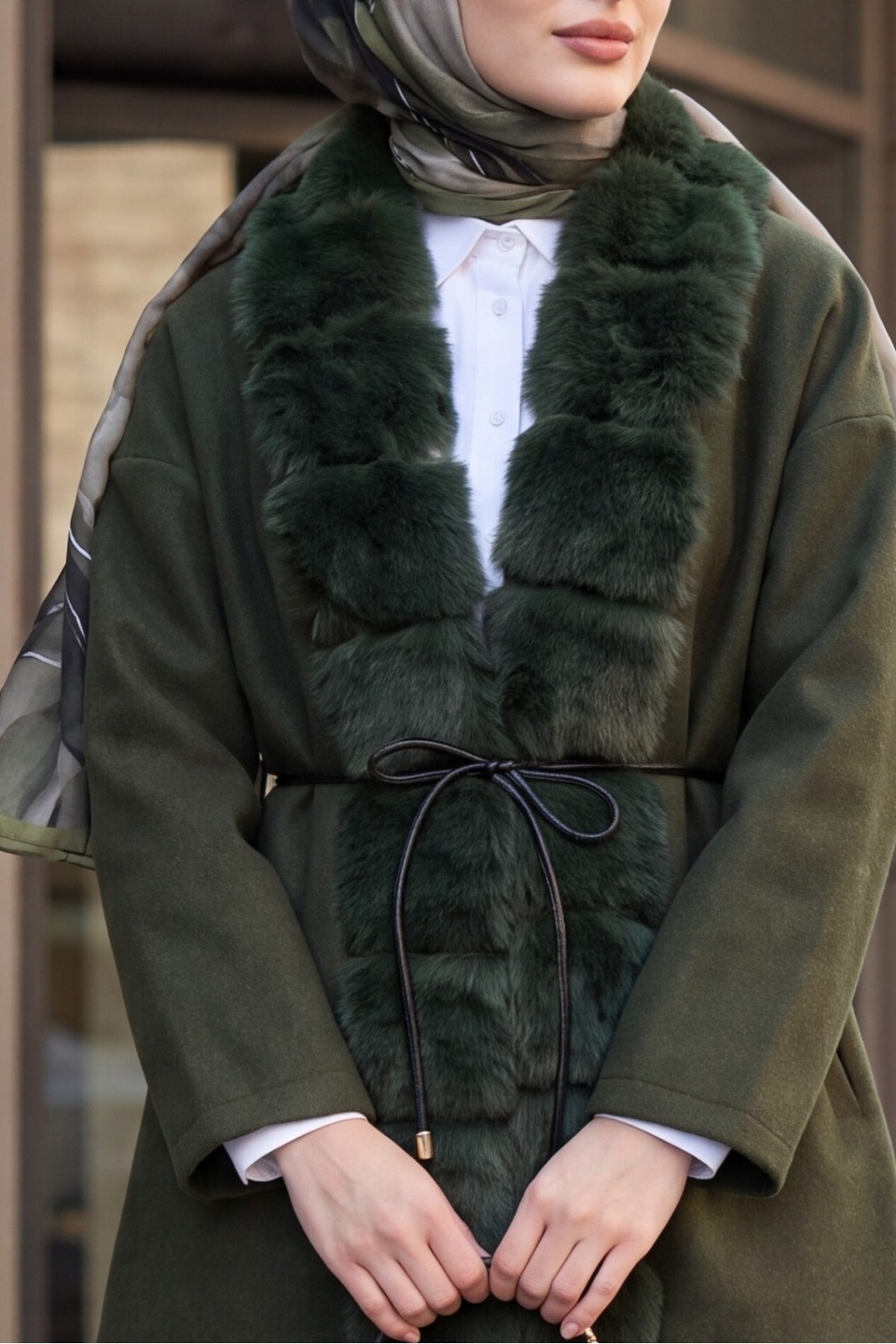 Wool-Blend Coat with Belt, Pockets, and Fur Detail -Khaki