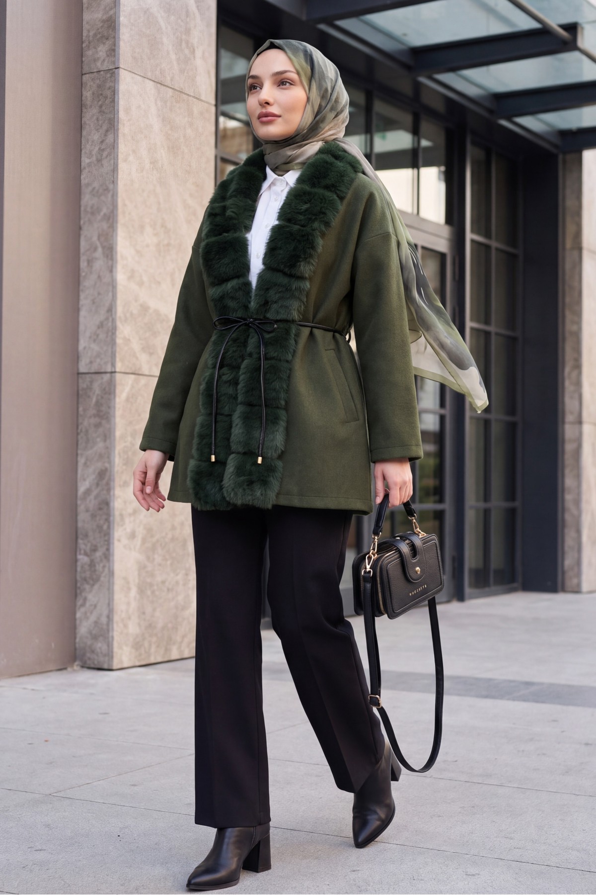 Wool-Blend Coat with Belt, Pockets, and Fur Detail -Khaki