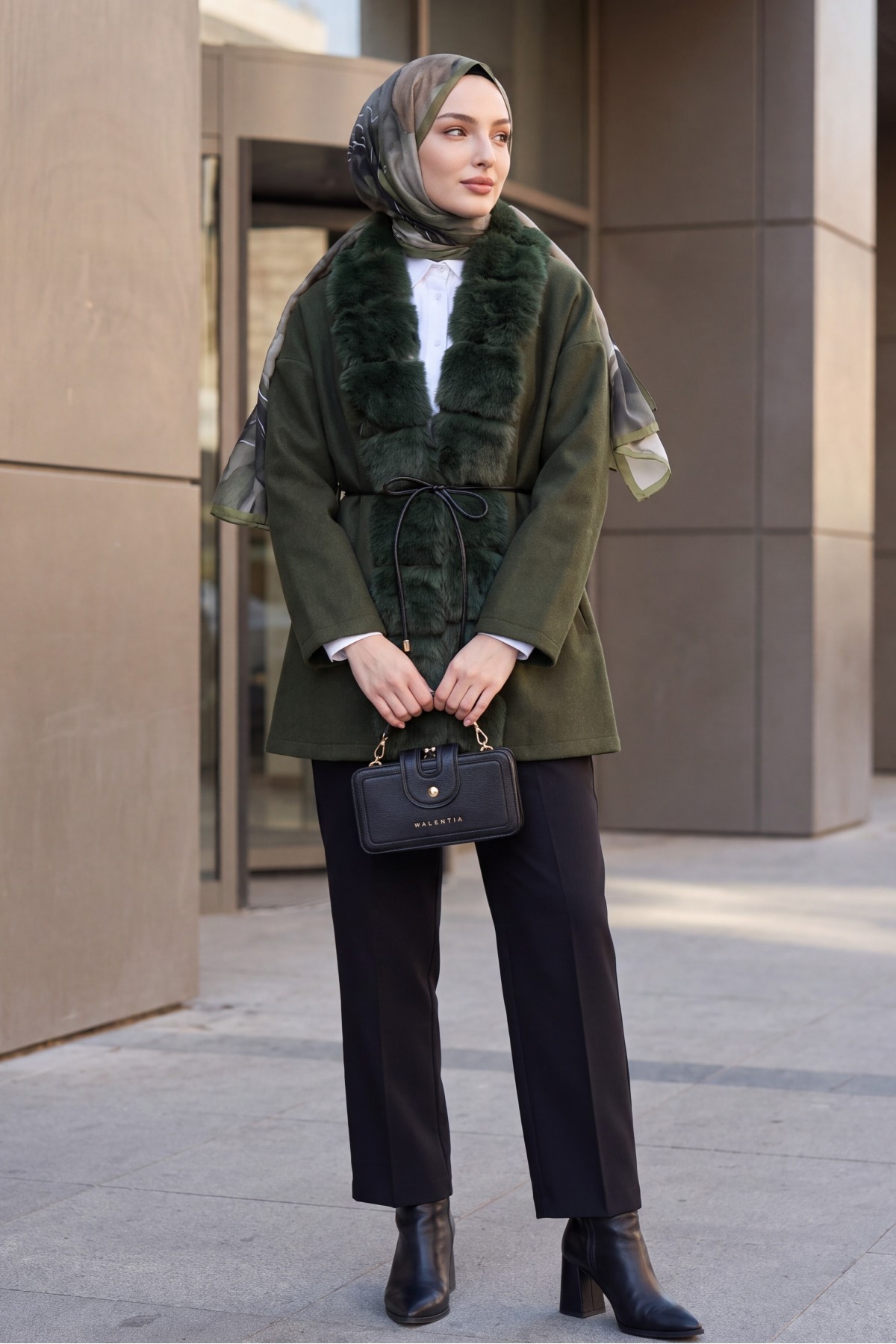Wool-Blend Coat with Belt, Pockets, and Fur Detail -Khaki