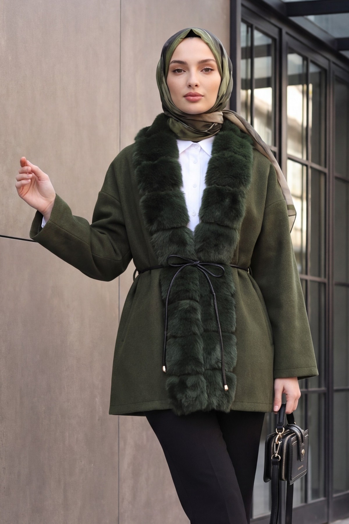 Wool-Blend Coat with Belt, Pockets, and Fur Detail -Khaki