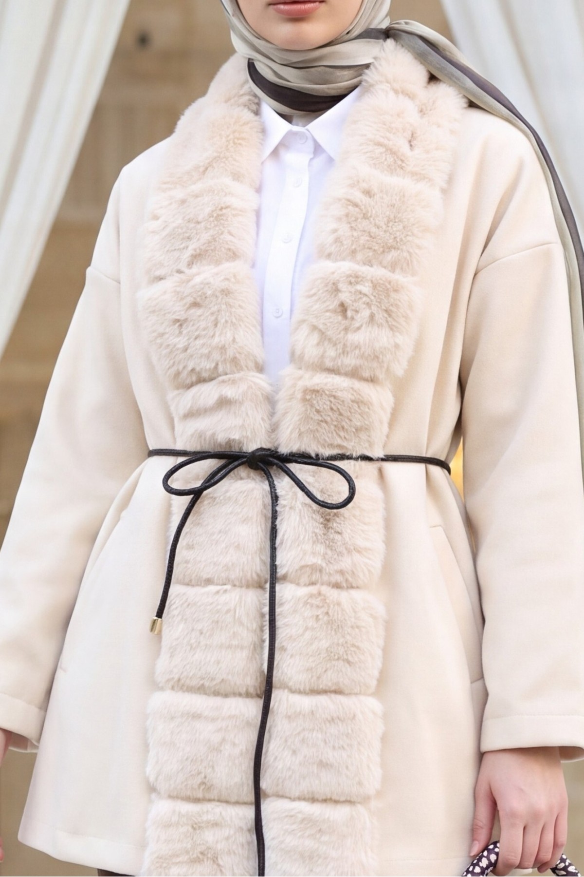 Wool-Blend Coat with Belt, Pockets, and Fur Detail -Ecru