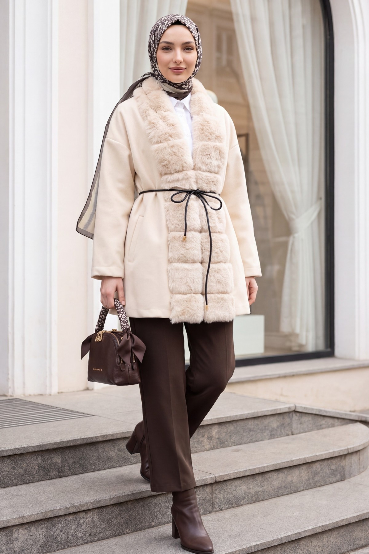 Wool-Blend Coat with Belt, Pockets, and Fur Detail -Ecru