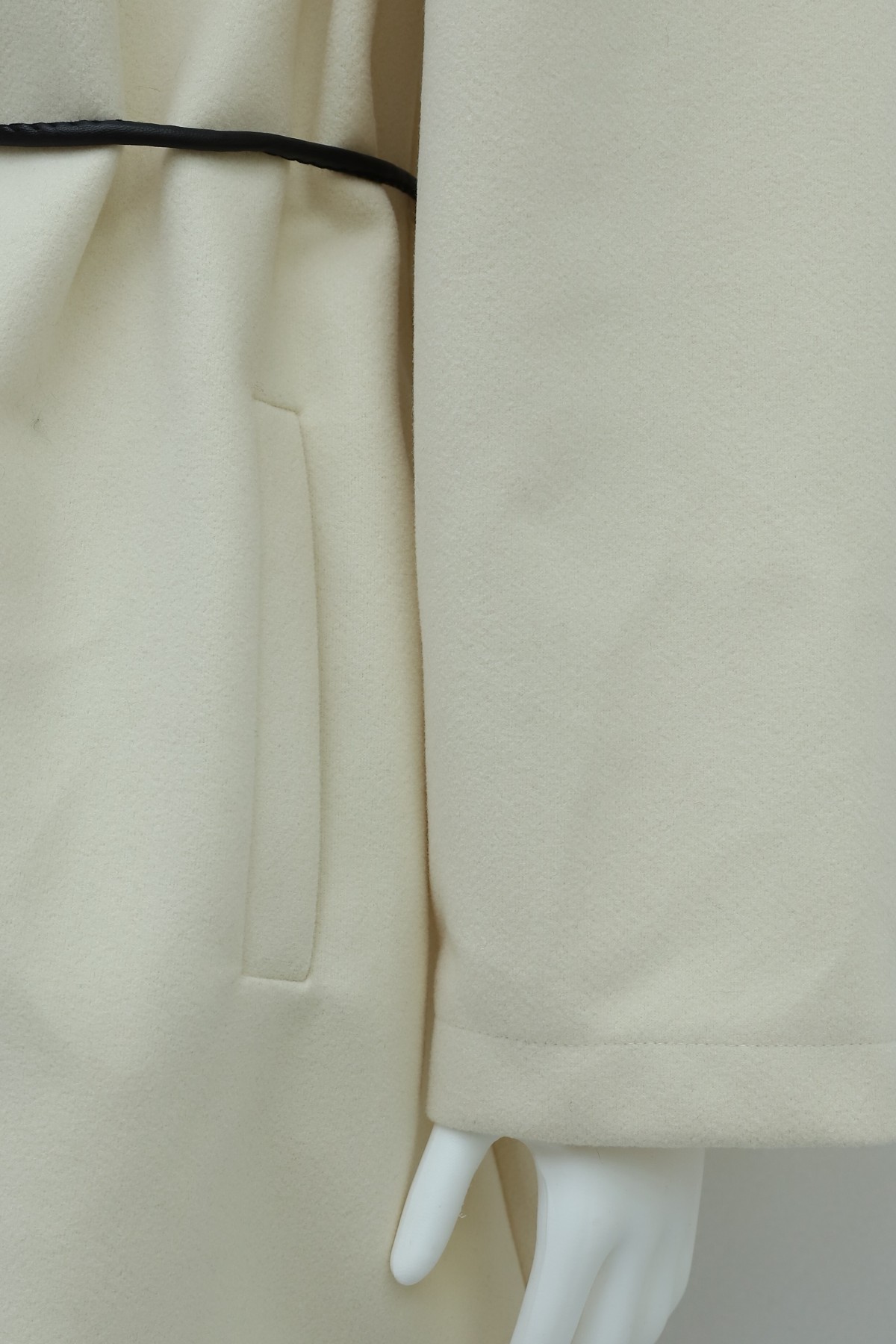 Wool-Blend Coat with Belt, Pockets, and Fur Detail -Ecru