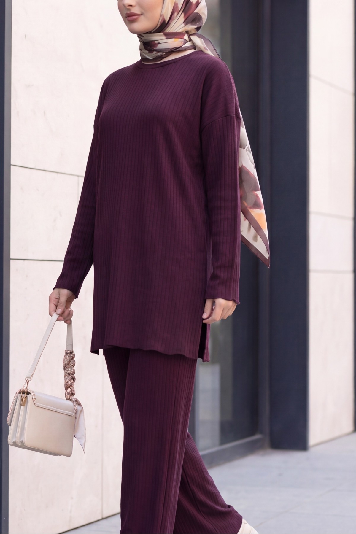 Ribbed Knit Set with Slit-Detail Crew-Neck Top and Trousers -Damson