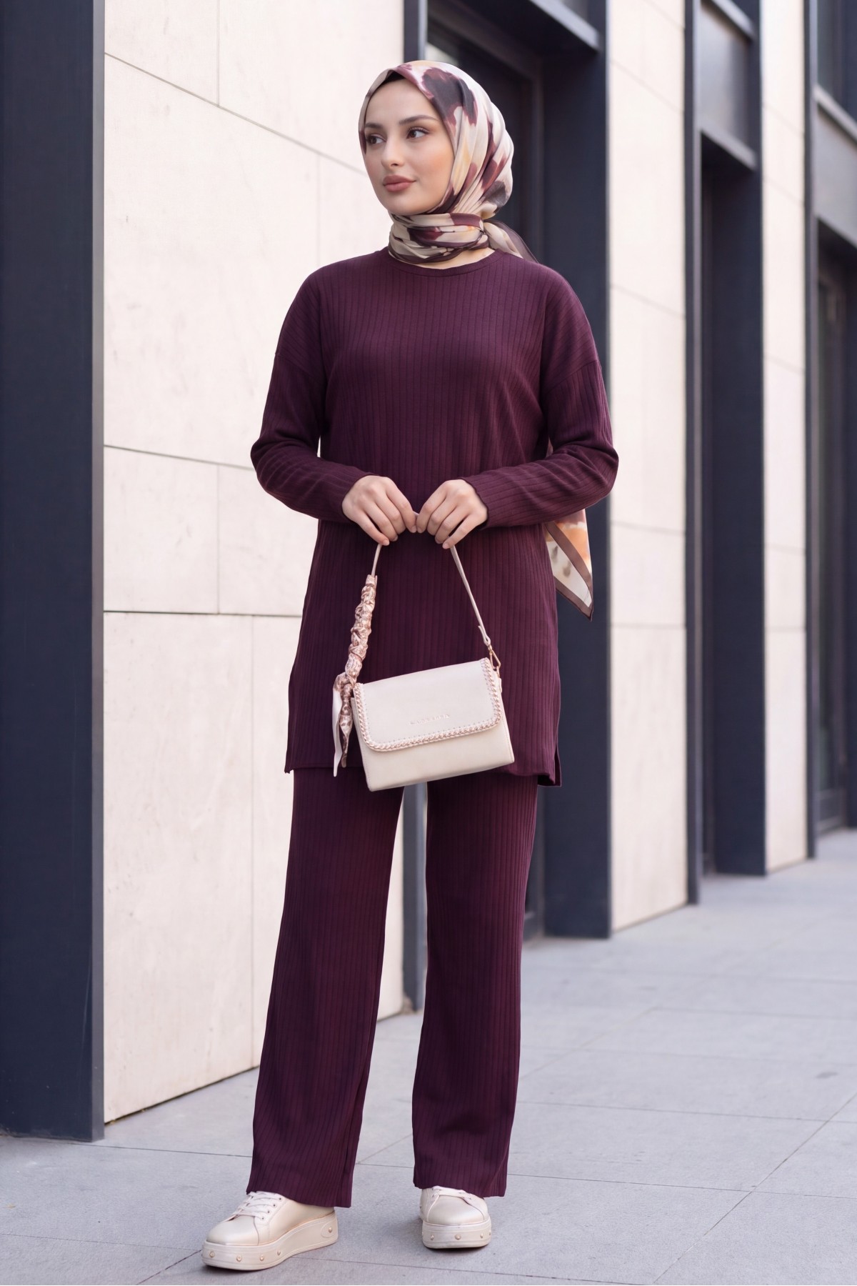 Ribbed Knit Set with Slit-Detail Crew-Neck Top and Trousers -Damson