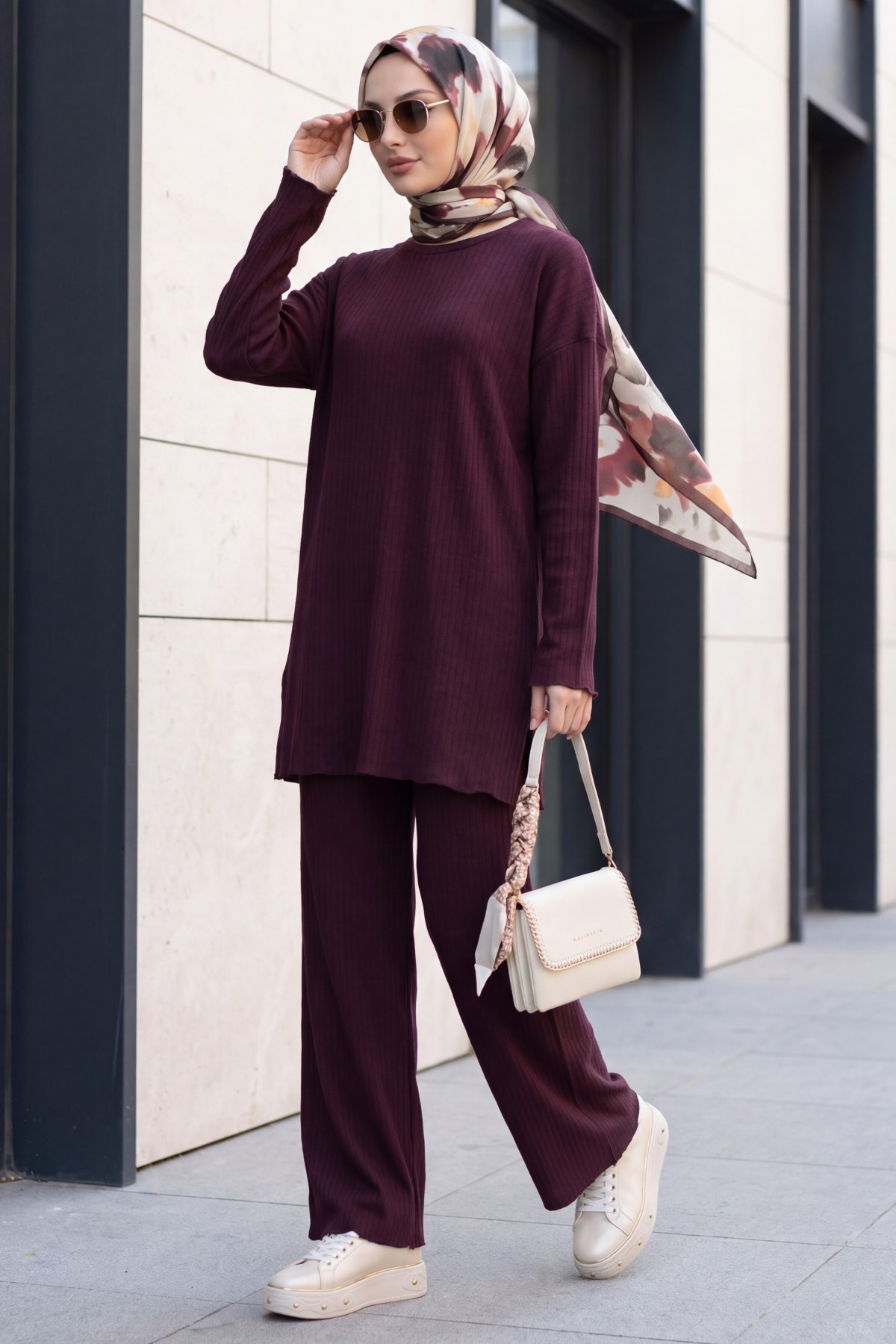 Ribbed Knit Set with Slit-Detail Crew-Neck Top and Trousers -Damson