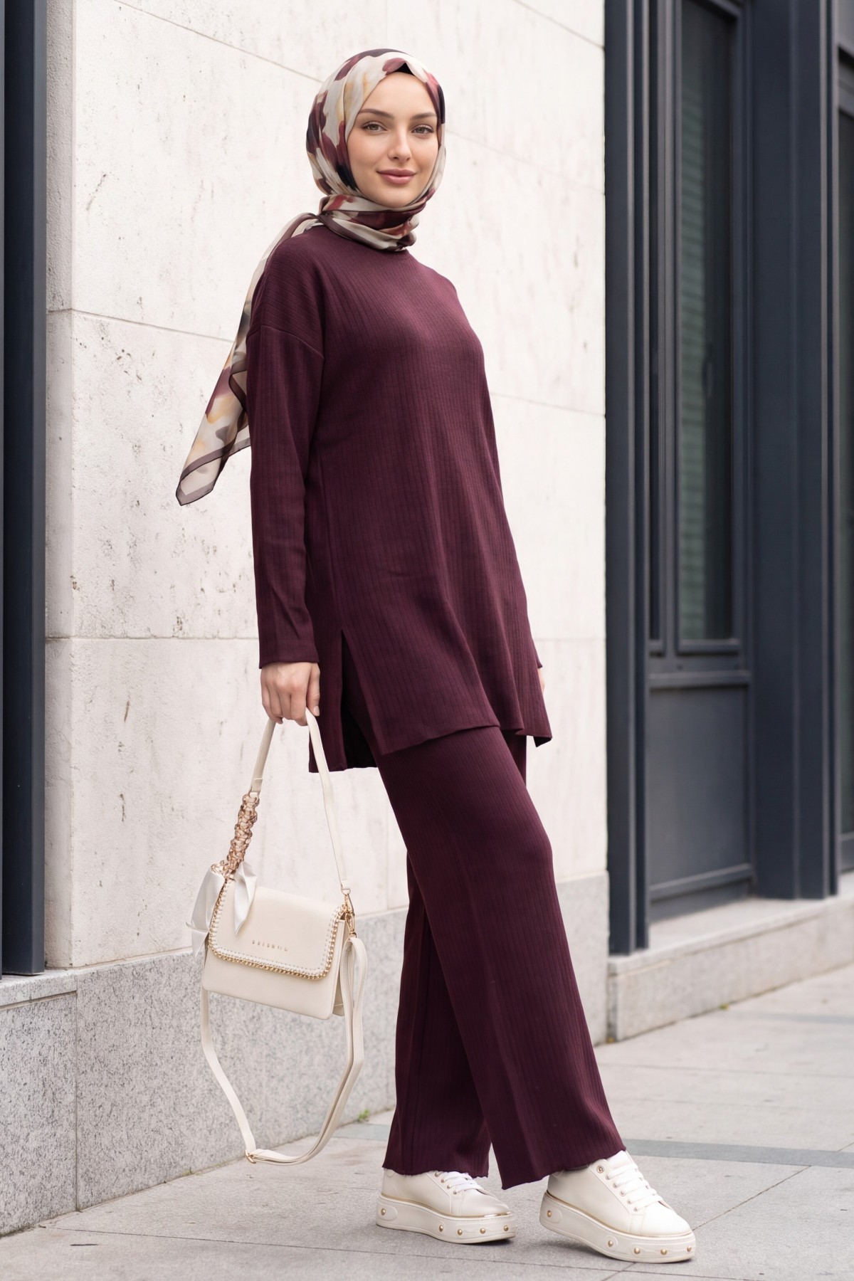 Ribbed Knit Set with Slit-Detail Crew-Neck Top and Trousers -Damson