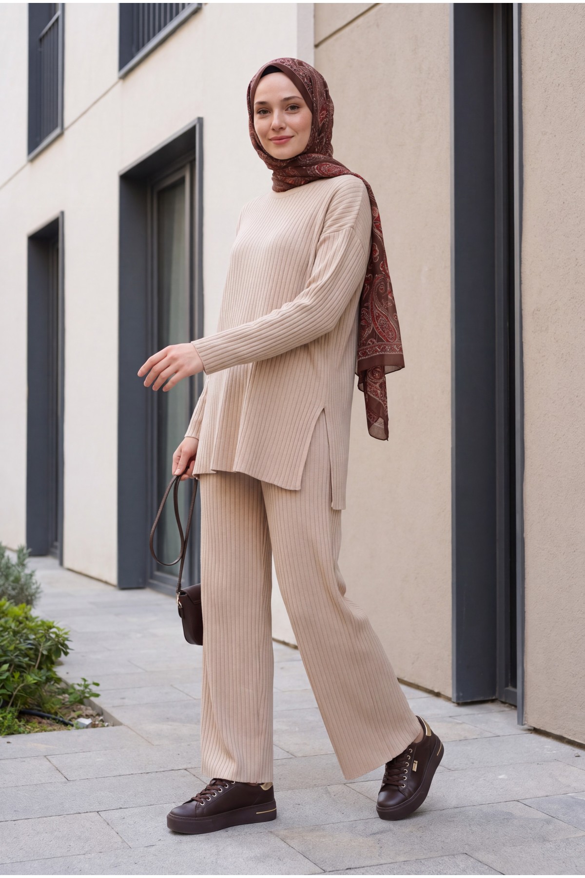 Ribbed Knit Set with Slit-Detail Crew-Neck Top and Trousers -Stone