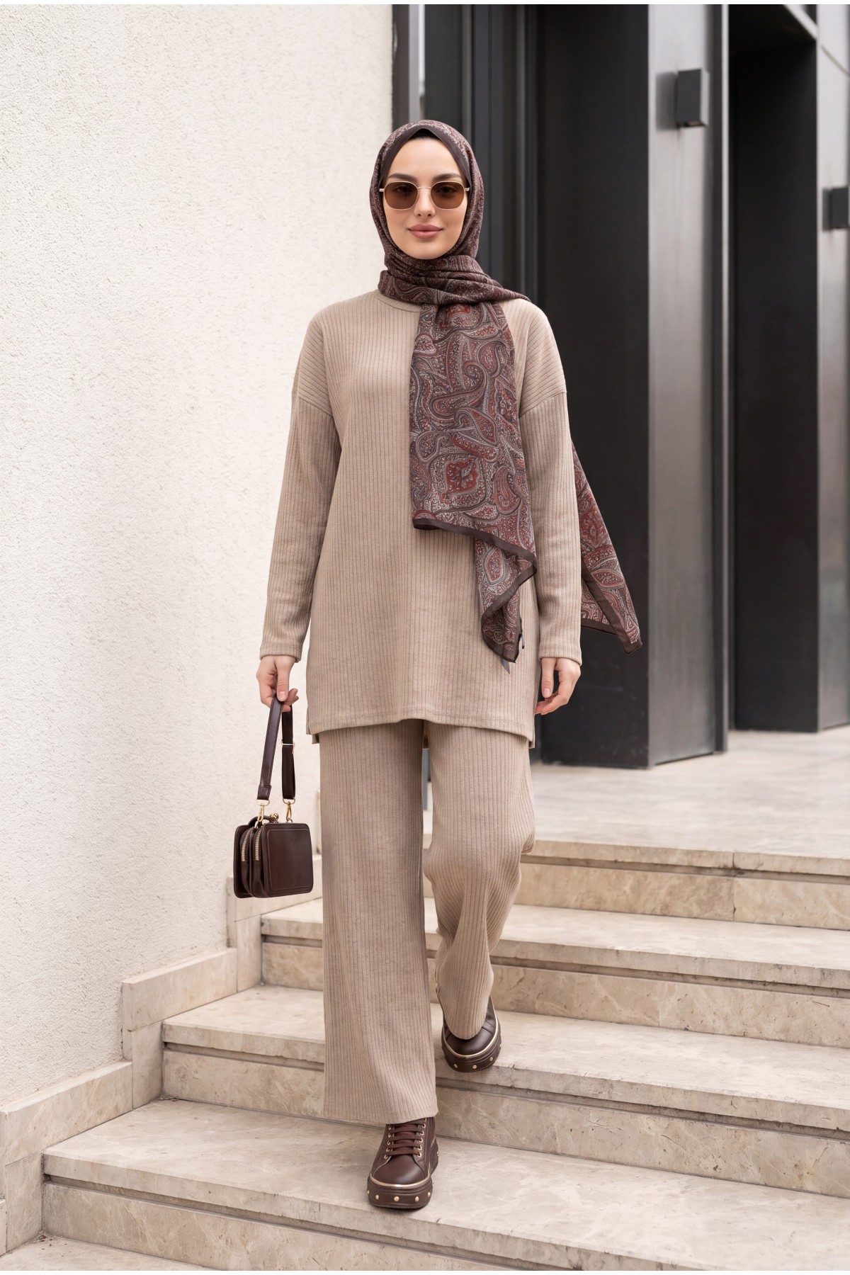 Ribbed Knit Set with Slit-Detail Crew-Neck Top and Trousers -Stone