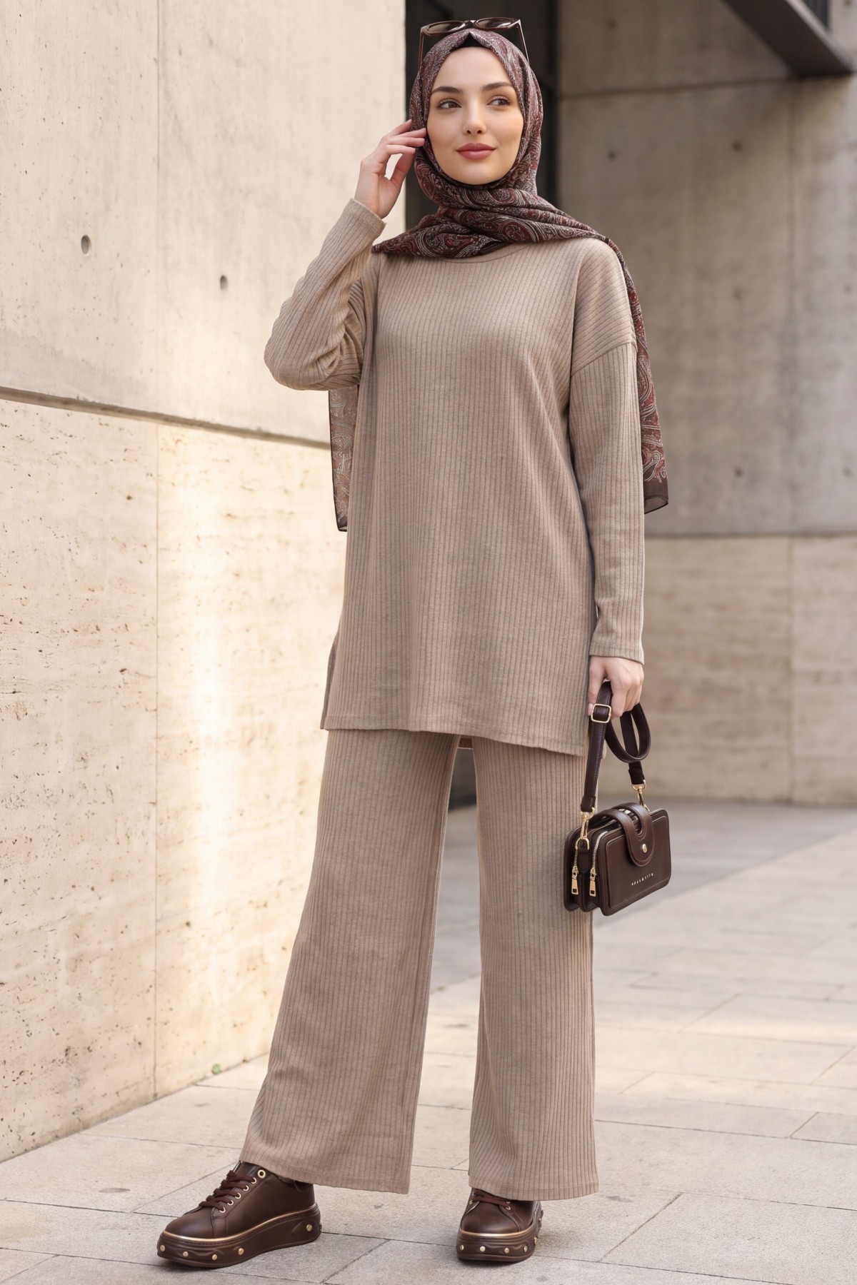 Ribbed Knit Set with Slit-Detail Crew-Neck Top and Trousers -Stone