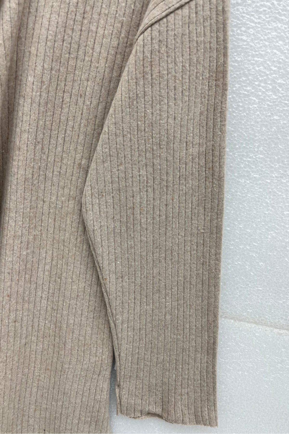 Ribbed Knit Set with Slit-Detail Crew-Neck Top and Trousers -Stone