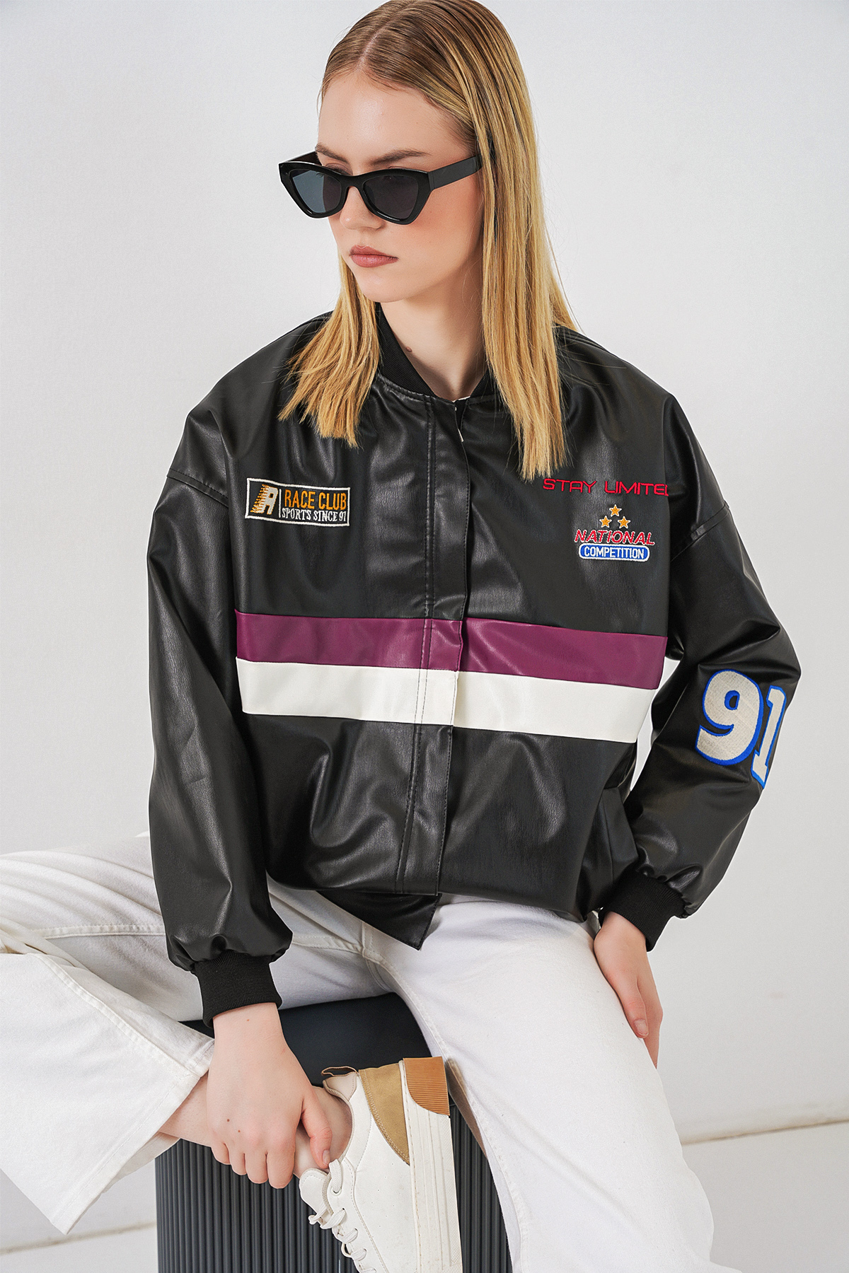 0698 Baskılı Suni Deri Bomber Ceket - Bordo