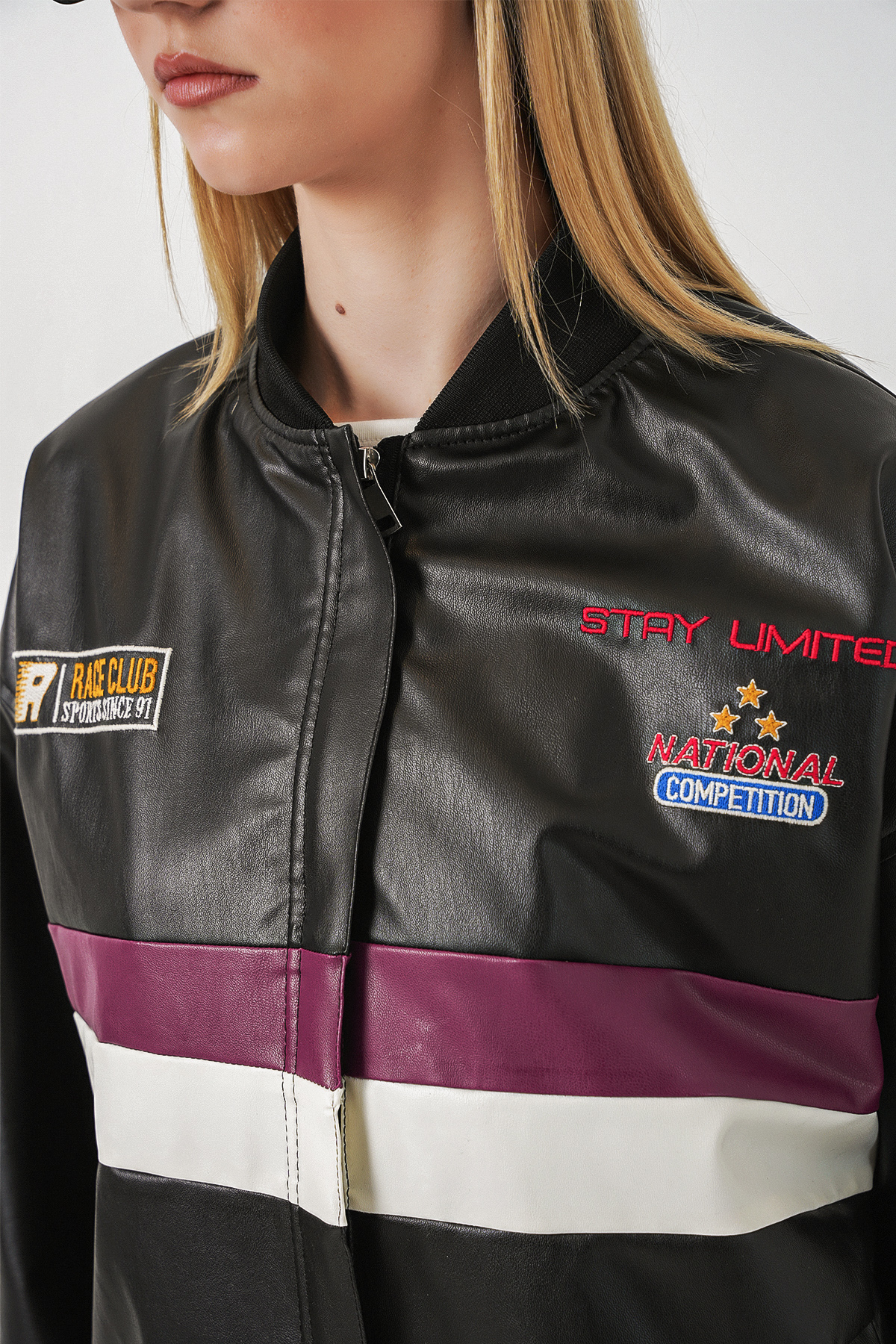 0698 Baskılı Suni Deri Bomber Ceket - Bordo